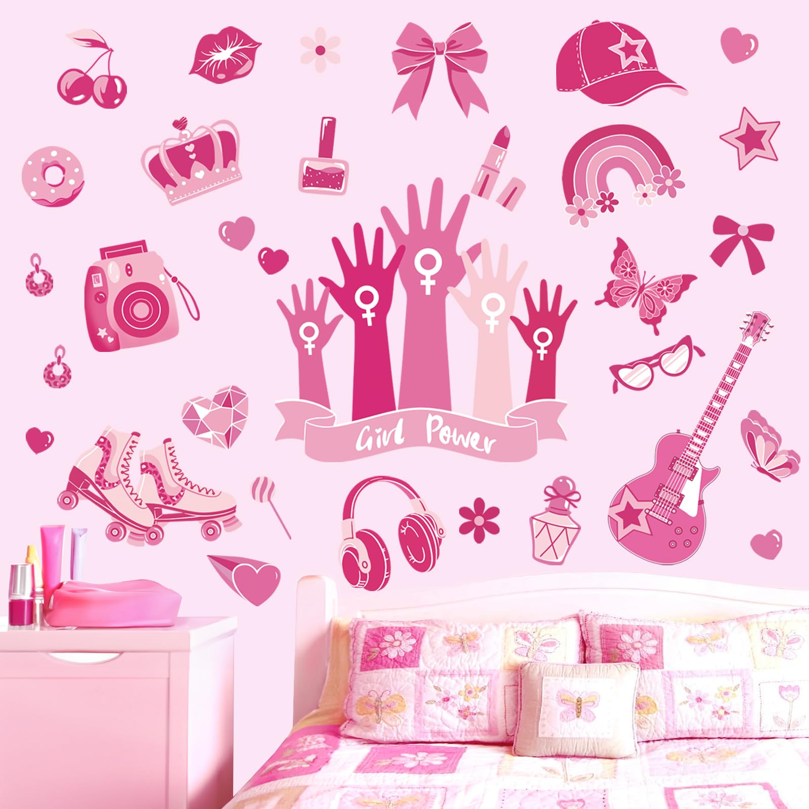 Adesivi Murali DecalMile Farfalle E Pois Rosa Per Cameretta Bambine - 2 Fogli 30x90cm, Rimovibili, Decorazione Parete - 2