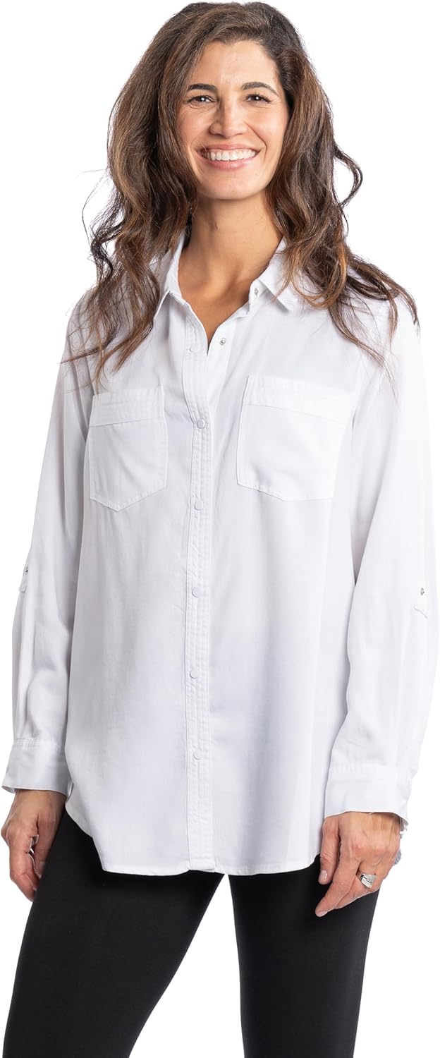 INTRO. Long Roll-Tab Sleeve Snap Front Lyocell Denim Shirt