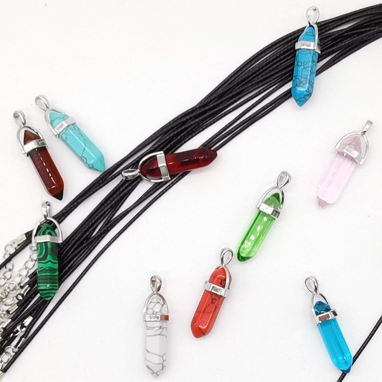 30PCS/Set DIY Bullet Shape Healing Pointed Chakra Beads Bullet Shape Stone Random Color Beads Pendant for Pendant Necklace Jewelry Making with Black Leather Necklace Chain - Image 4