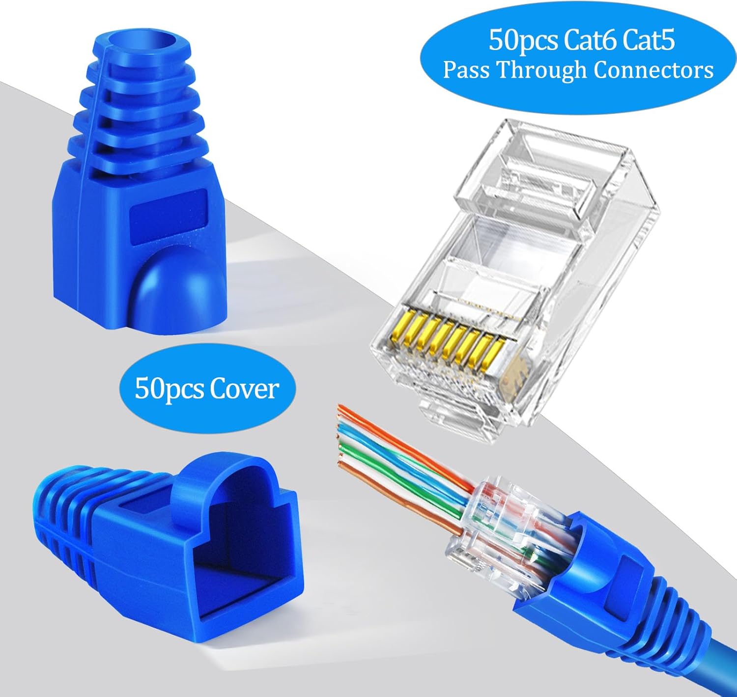 PETECHTOOL RJ45 Crimp Tool Cat6 Cat5e Cat5 Ethernet Crimper Kit for RJ45 RJ12/11 Pass Through Connectors with 50pcs rj45 Cat6 Pass Through Connectors, 50pcs Covers, Wire Stripper; Network Cable Tester