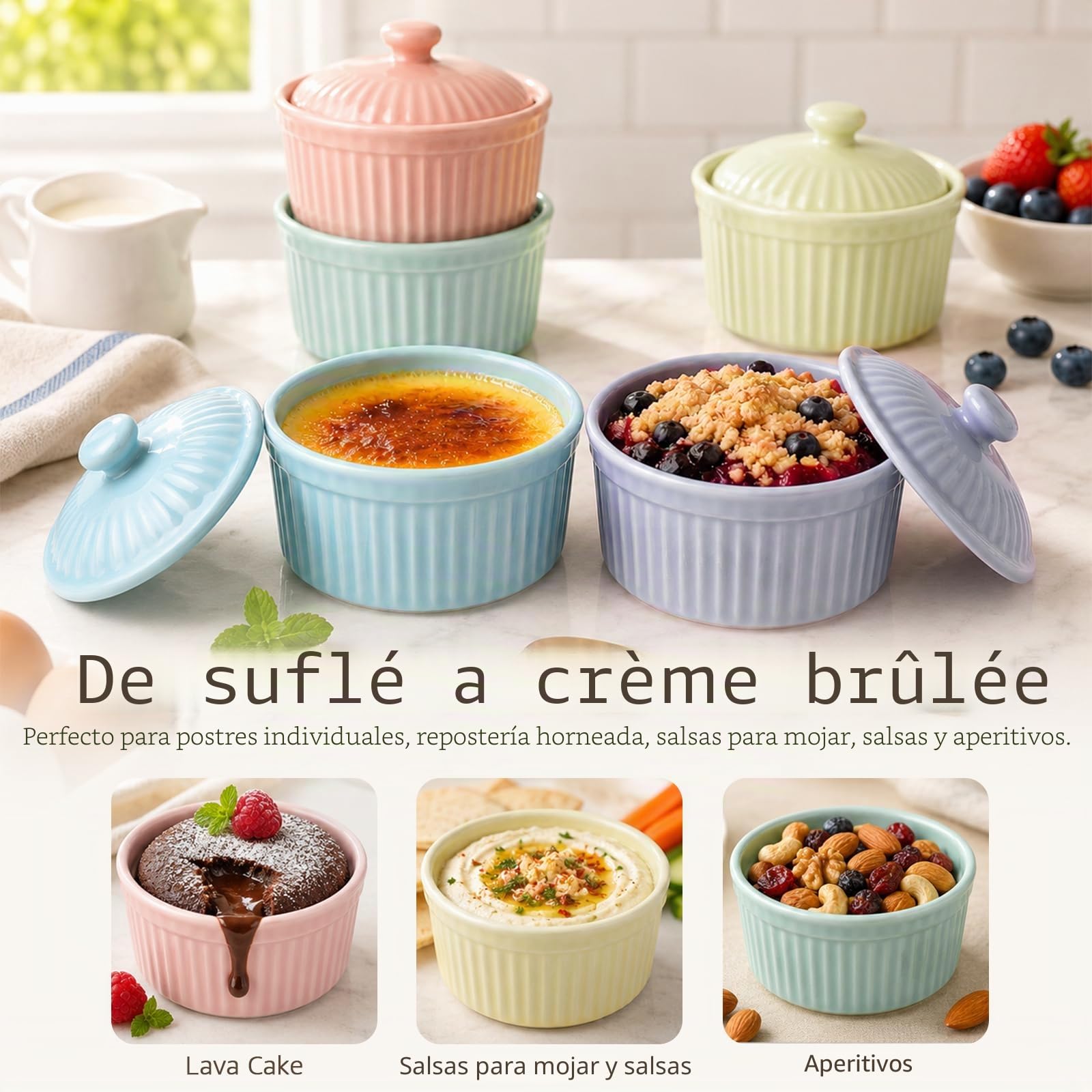 Meltset - Ramequines de 5.5 onzas con tapas, cuencos de cerámica aptos para horno, platos de porcelana para hornear soufflé, crema brulee, pastel de lava, postres de helado, aperitivos (juego de 5)