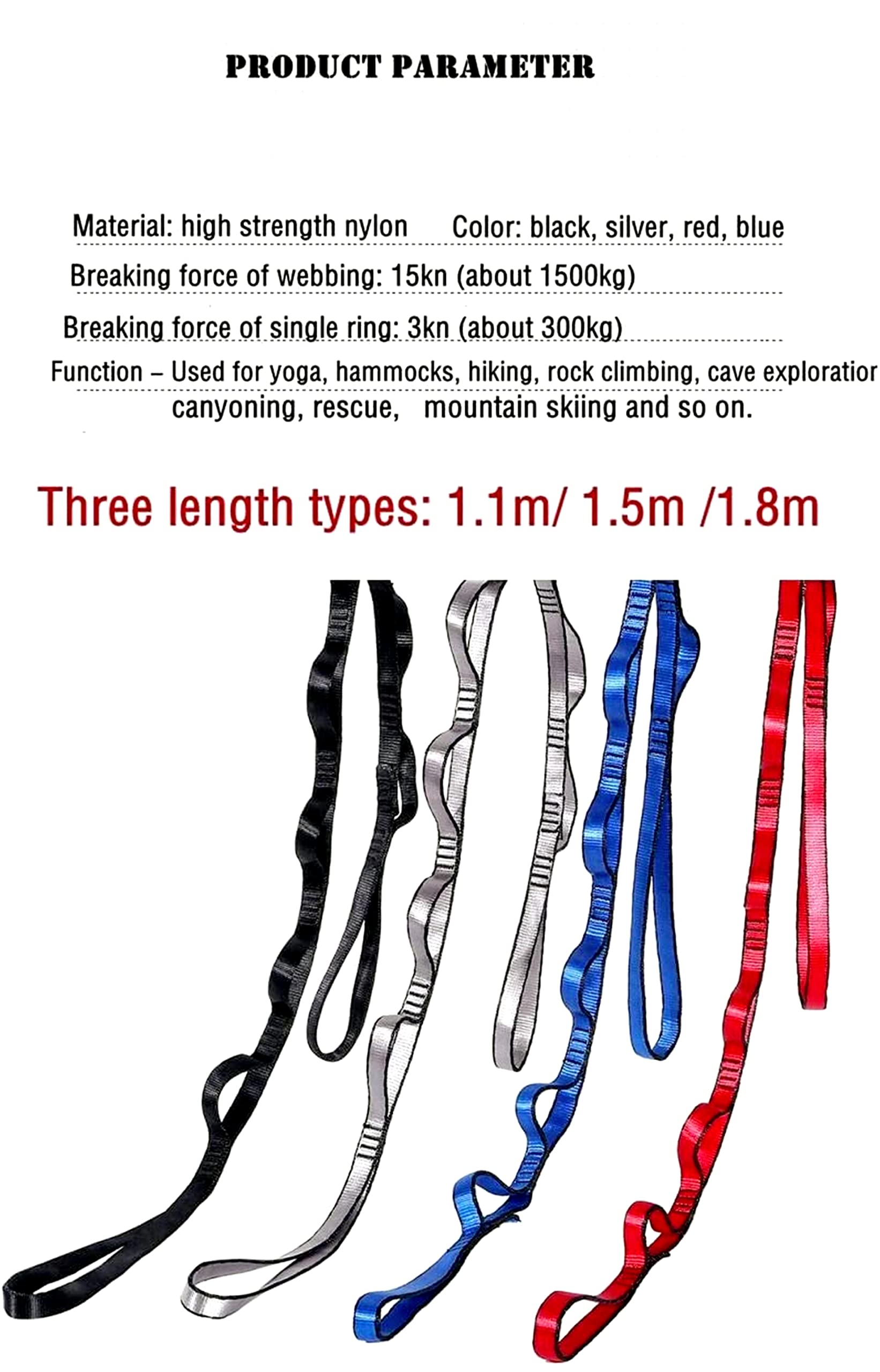 2Pcs 22KN Strong Climbing Strap Daisy Chain Nylon Daisy Chain Adjustable Strap Rope ?Length 110/150/180cmYoga Extend Belt (Black, 1.5m)