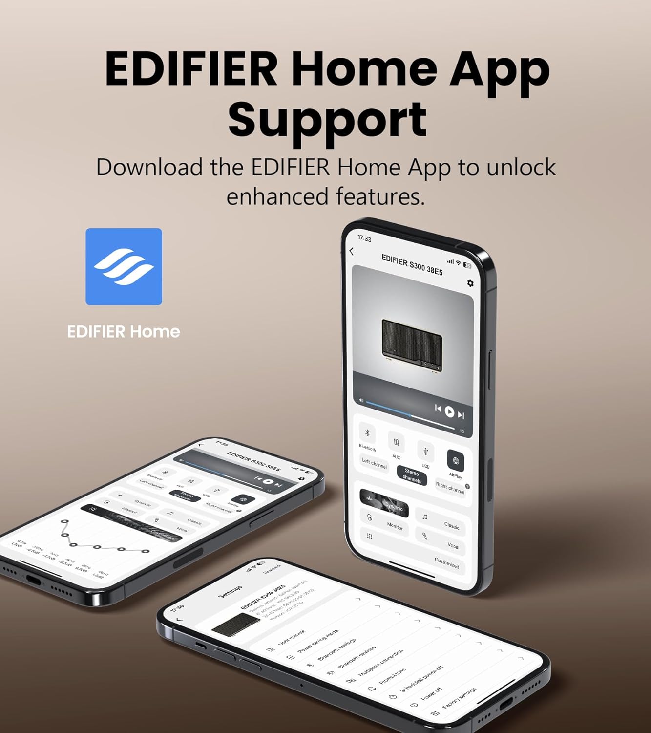 Screenshots of the EDIFIER Home App interface on smartphones, showing various control options.