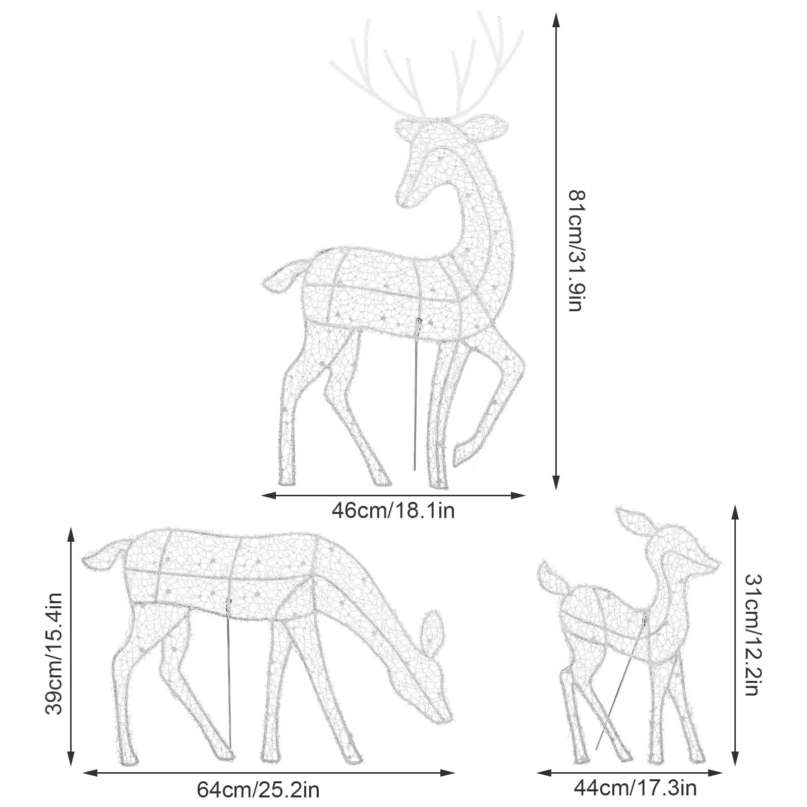 3 Sztuki Oświetlony Metalem Świąteczny Zestaw Rodzinny z Jeleniami Świecące Renifery Dekoracje do Ogrodu Rattanowy Pasący Się Renifer ze światłami do Wewnątrz lub na Zewnątrz(Biały)