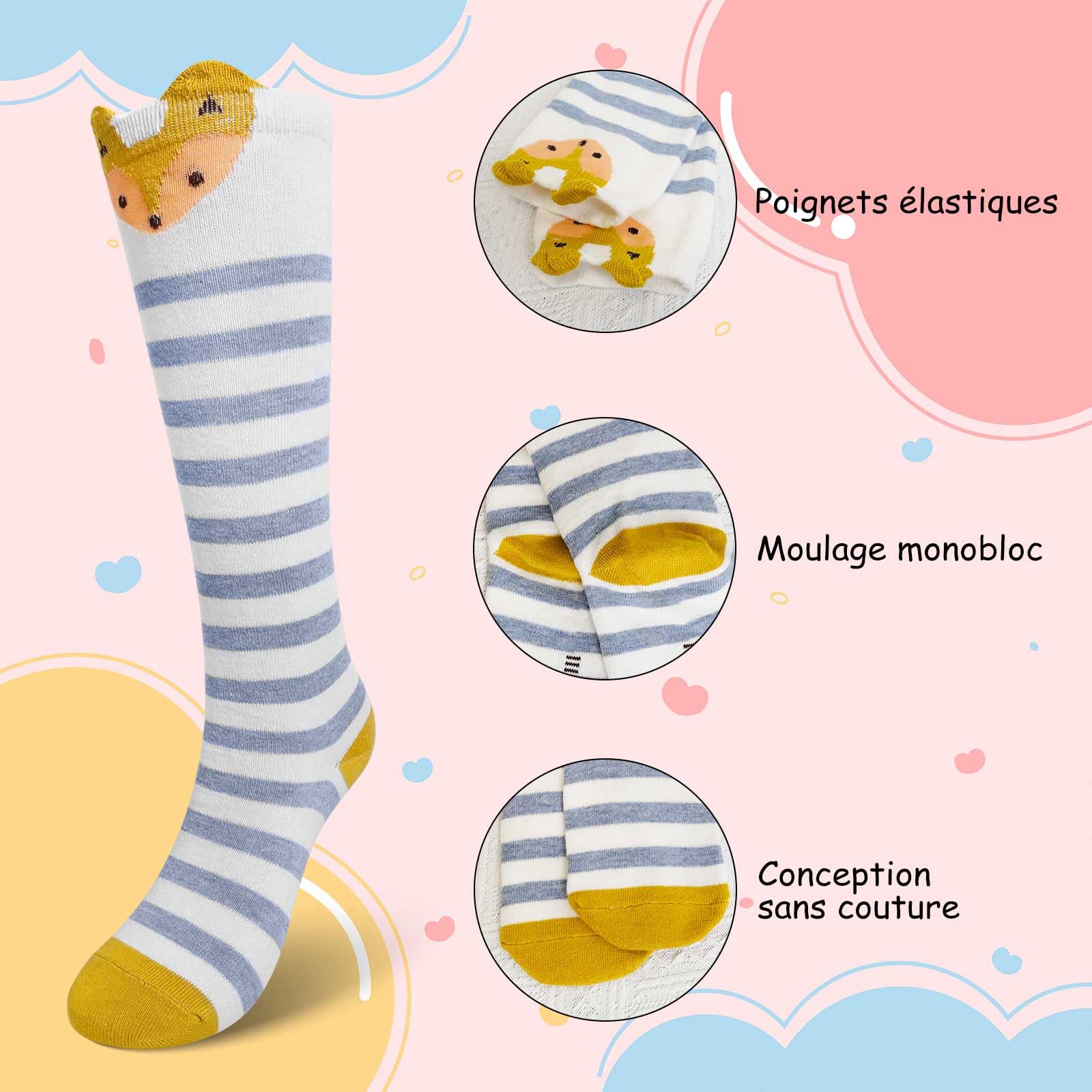 LOFIR Chaussettes Hautes Fille Enfant: Chaussettes Longues en Coton Sans Couture pour Filles - Chaussettes Montantes au Genou avec Kawaii Fantaisie Animaux Chat pour Cadeau 5 Paires Taille 23-38
