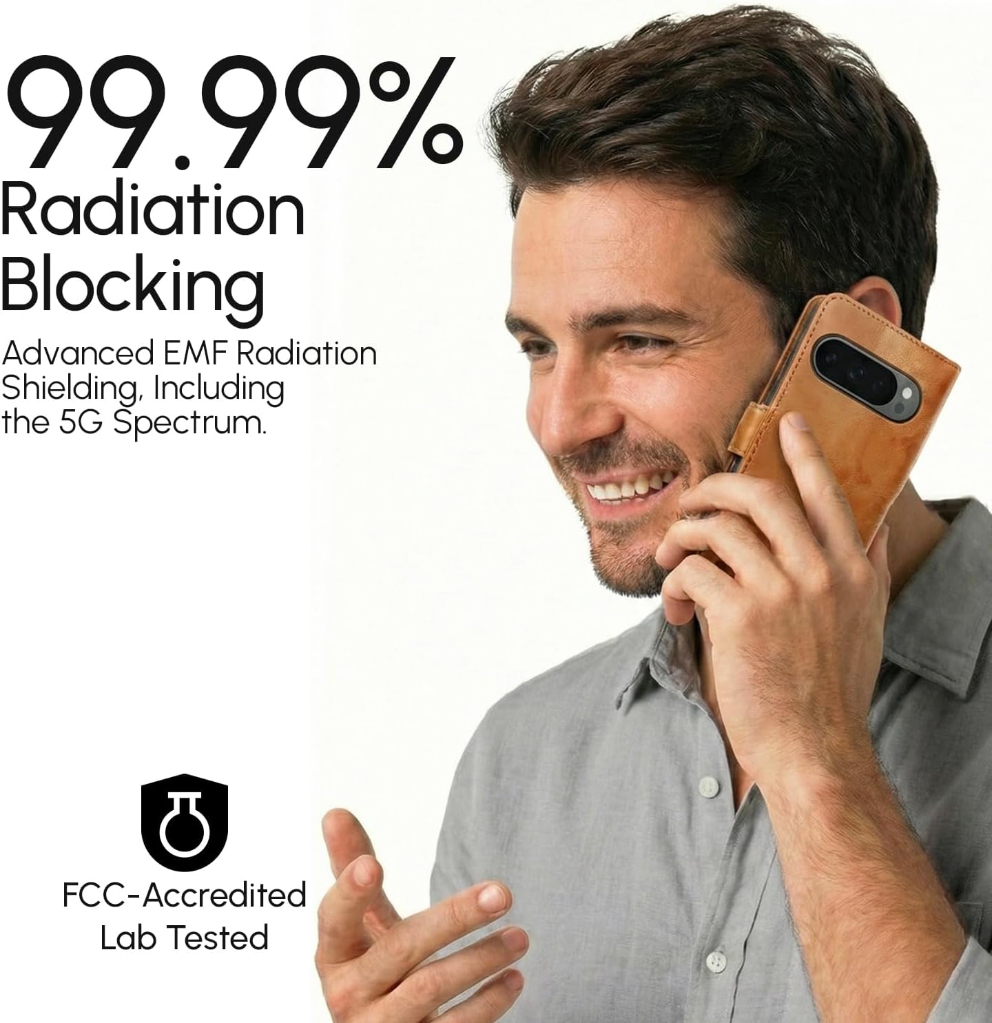 EMF Blocking Leather Phone Wallet Case for Google Pixel 9 Pro, 99% Anti-Radiation Protection, RFID, EMF Cell Phone Cover, Removable Case, Card Holder & Stand, for Men & Women, Brown - Image 3