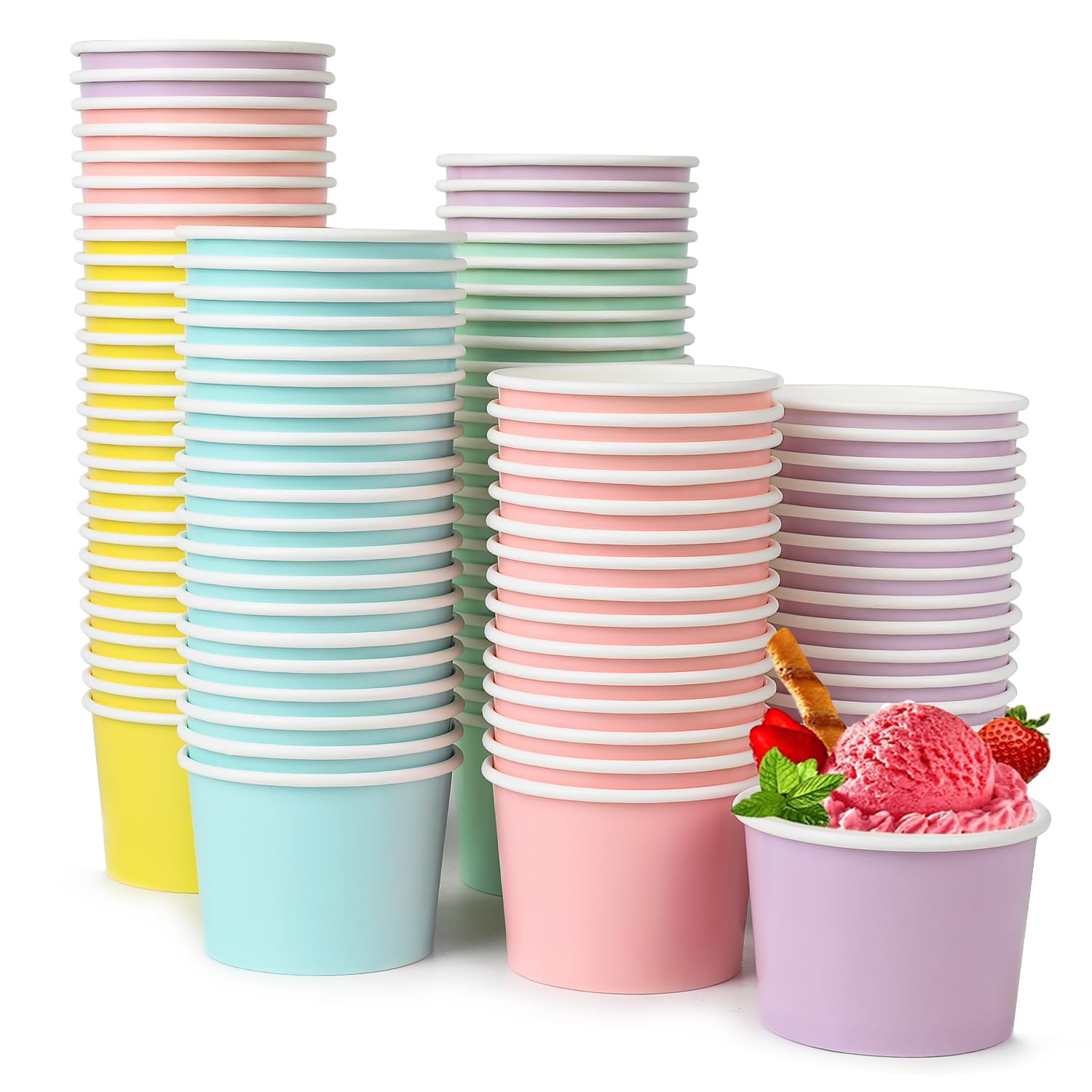 VEYLIN Paper Ice Cream Cups 100 Pack, 3oz / 130ml Disposable Colourful Dessert Cups for Ice Cream Yogurt, Hot & Cold Foods