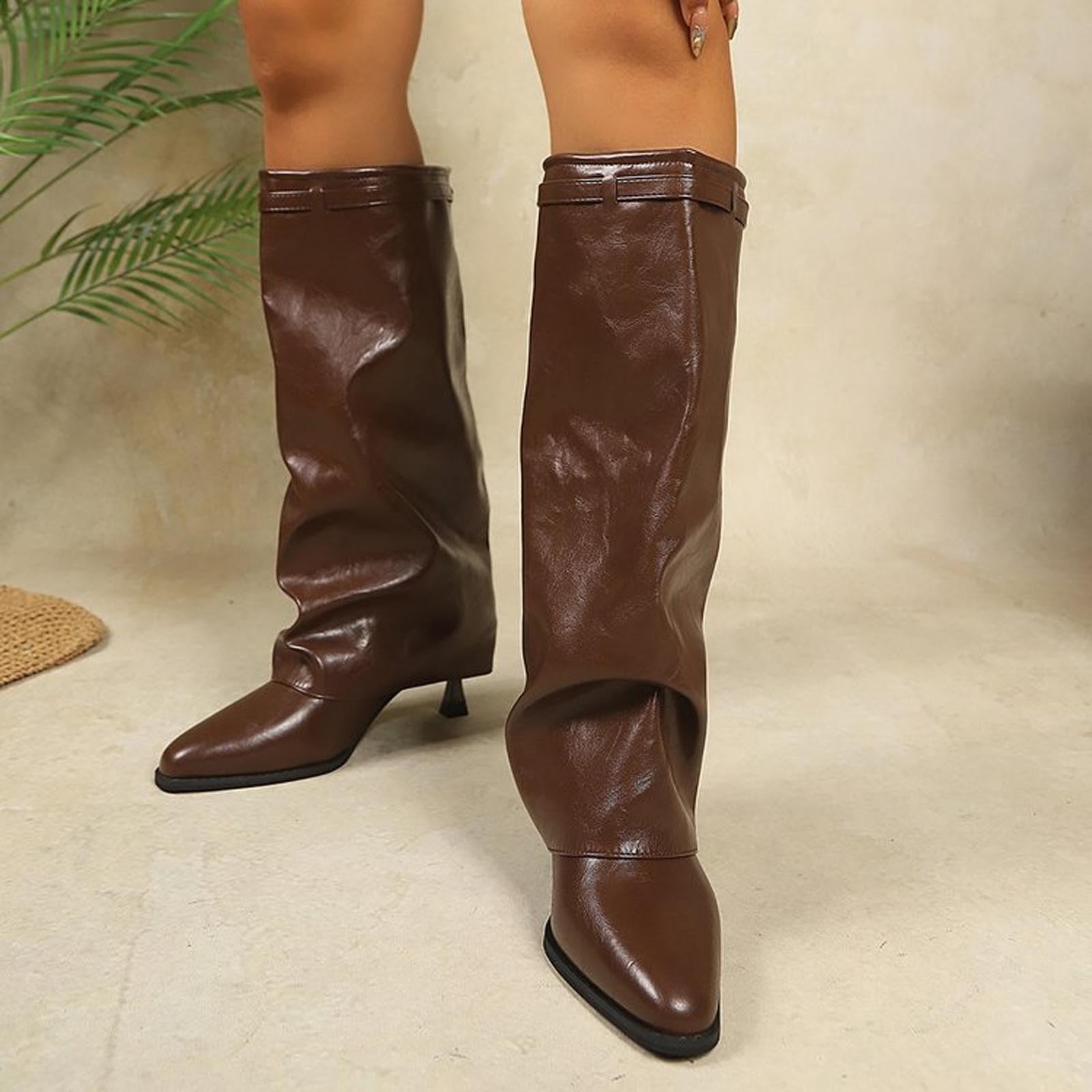 Damen Langschaft Stiefel Winter Optik Mittelhoch Stiefeletten mit Absatz | Spitzenschuh, Blockabsatz, Wildlederoptik, mittelhoher Schaft, Schlanke Passform, Atmungsaktiv, Bequem, Komfort, Alltag