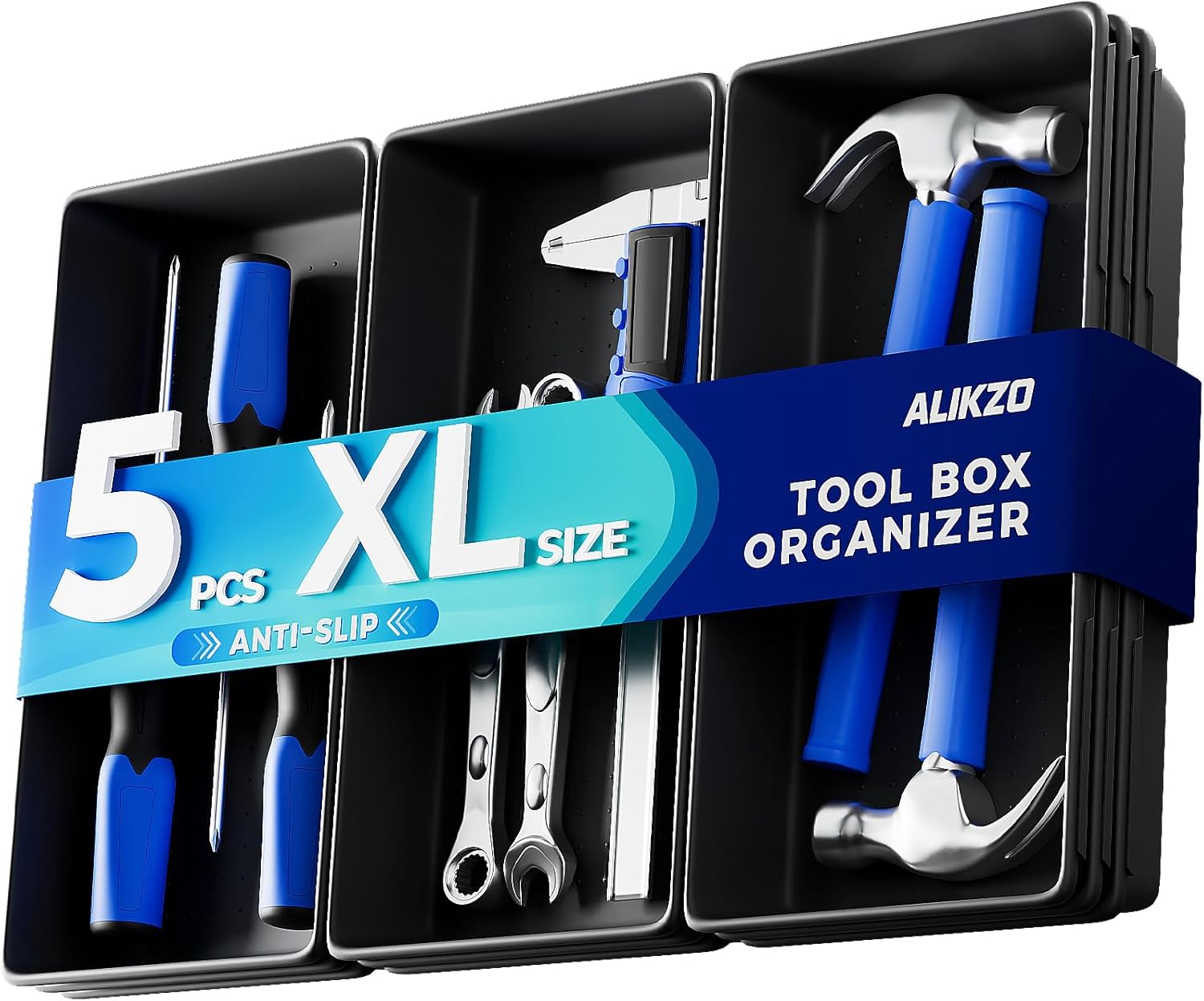 5 PCS Extra Large Toolbox Organizer Trays, Desk Drawer Organizer with EVA Non Slip Pads, Deep Drawer Dividers for Power Tools, Impact Drivers, Cordless Drills, Torque Wrenches (XL_5PCS_Black)