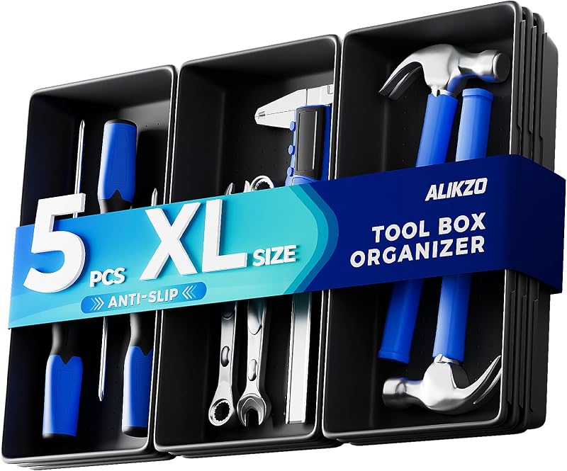 5 PCS Extra Large Toolbox Organizer Trays, Desk Drawer Organizer with EVA Non Slip Pads, Deep Drawer Dividers for Power Tools, Impact Drivers, Cordless Drills, Torque Wrenches (XL_5PCS_Black)
