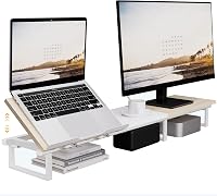 Aothia Dupla Fa Monitorállvány 108 cm, Állítható Magasságú Laptoptartóval, Asztali Rendszerező PC/Laptop/TV/Nyomtató, Fehér-Tölgy 1