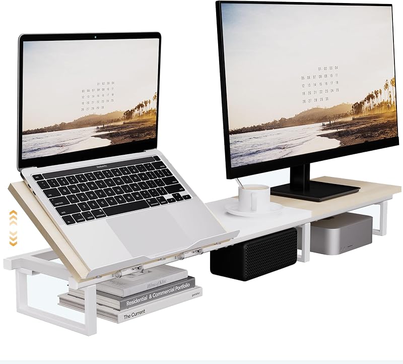 Aothia Dupla Fa Monitorállvány 108 cm, Állítható Magasságú Laptoptartóval, Asztali Rendszerező PC/Laptop/TV/Nyomtató, Fehér-Tölgy