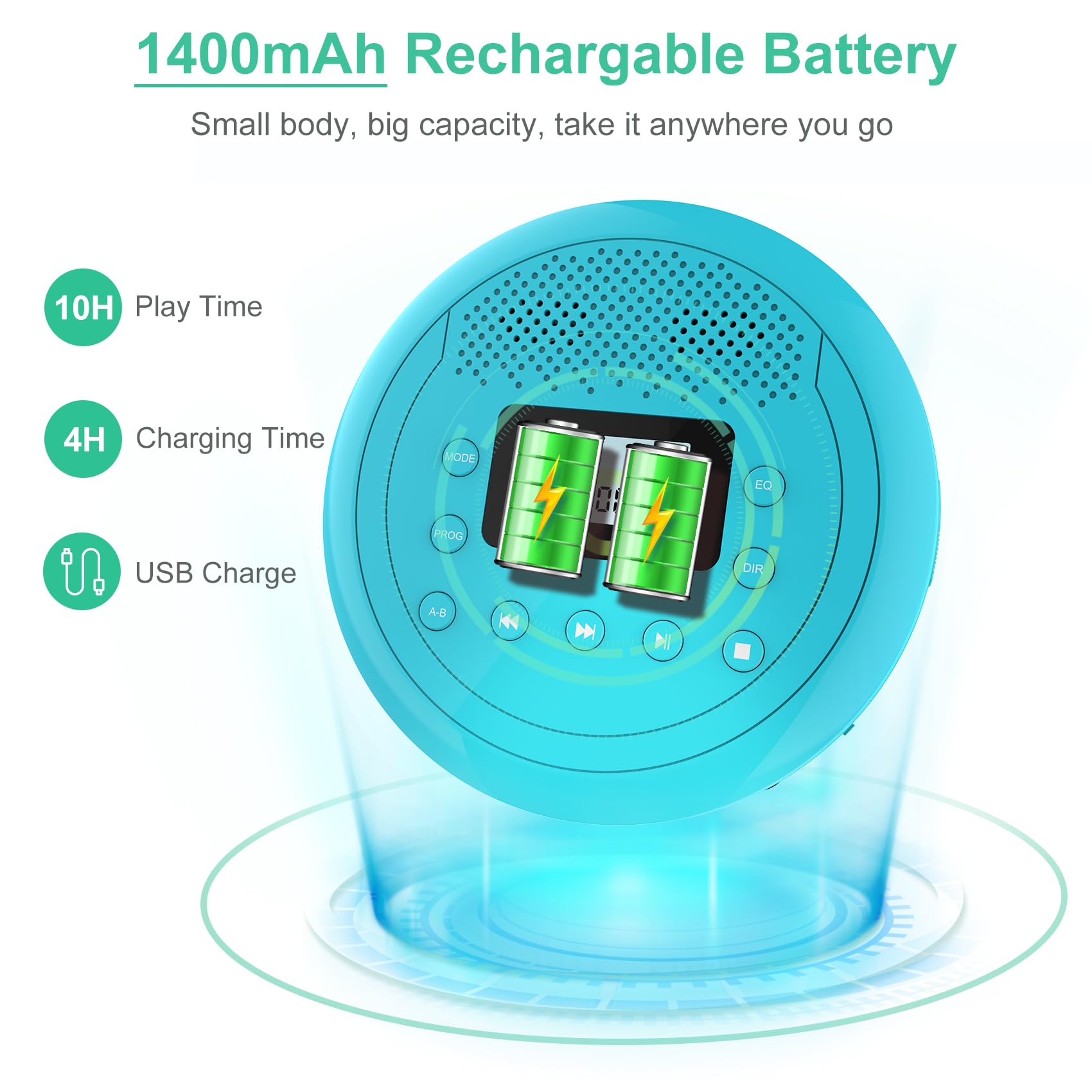 Tragbarer Klein CD Player mit Lautsprecher für Auto Hörbücher Musikhören | Anti-Skip, 1400mAh Akku für 10 Stunden Spielzeit, Unterstützung der TF Card
