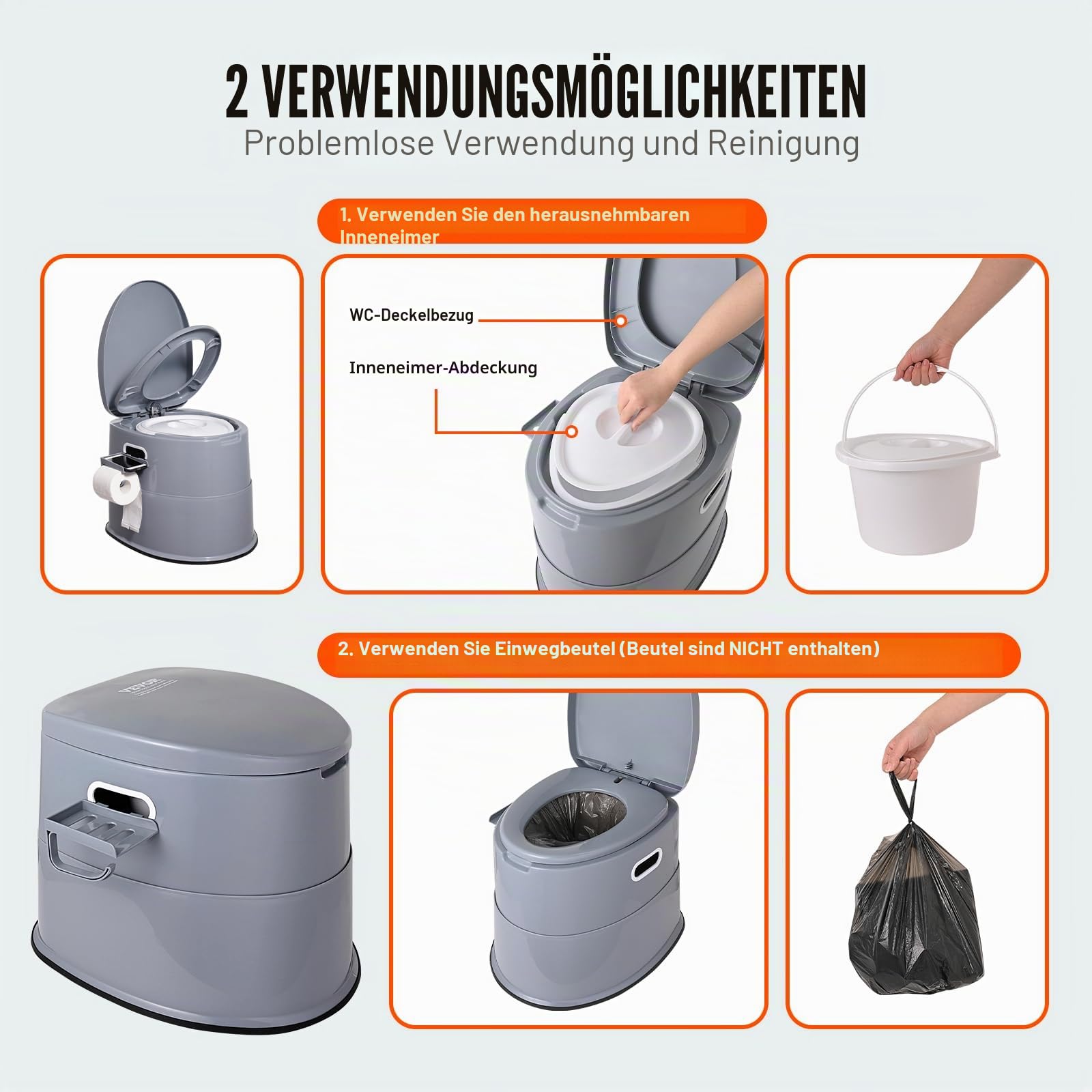 VEVOR 5 L Campingtoilette mit Toilettenpapier- und Handyhalter, Tragbare Campingtoilette 500 x 467 x 400 mm Reisetoilette Nottoilette Weiße Toiletten 136,1 kg Gewichtstragfähigkeit Wohnmobiltoilette