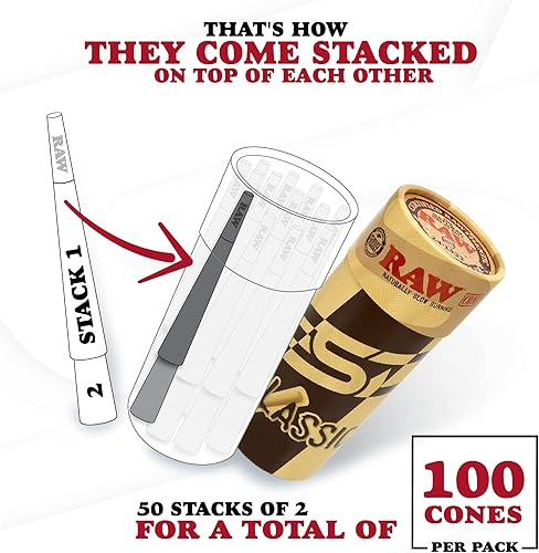 Miniatura 2 de RAW Cones Classic Lean Size – Paquete de 100 – Conos preenrollados de combustión lenta con puntas y tubos de embalaje incluidos