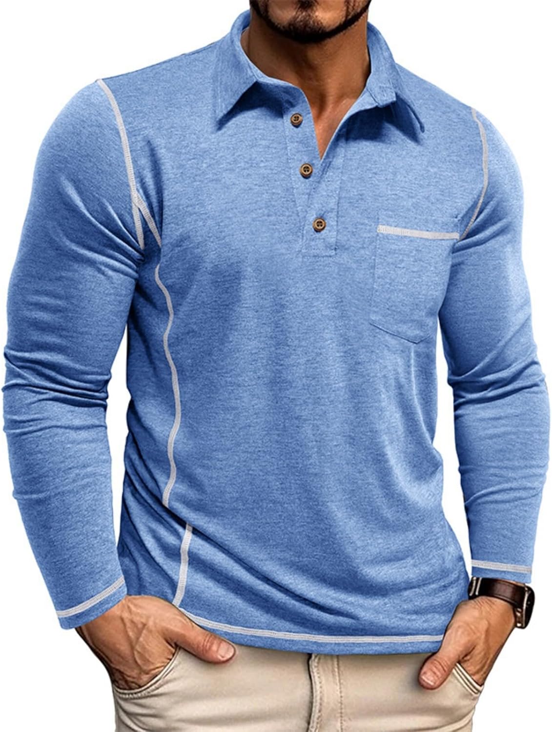 Men's Casual Long Sleeve Polo Shirts Collared Button Cotton T-Shirt Classic Stylish Golf Shirt with Pocket