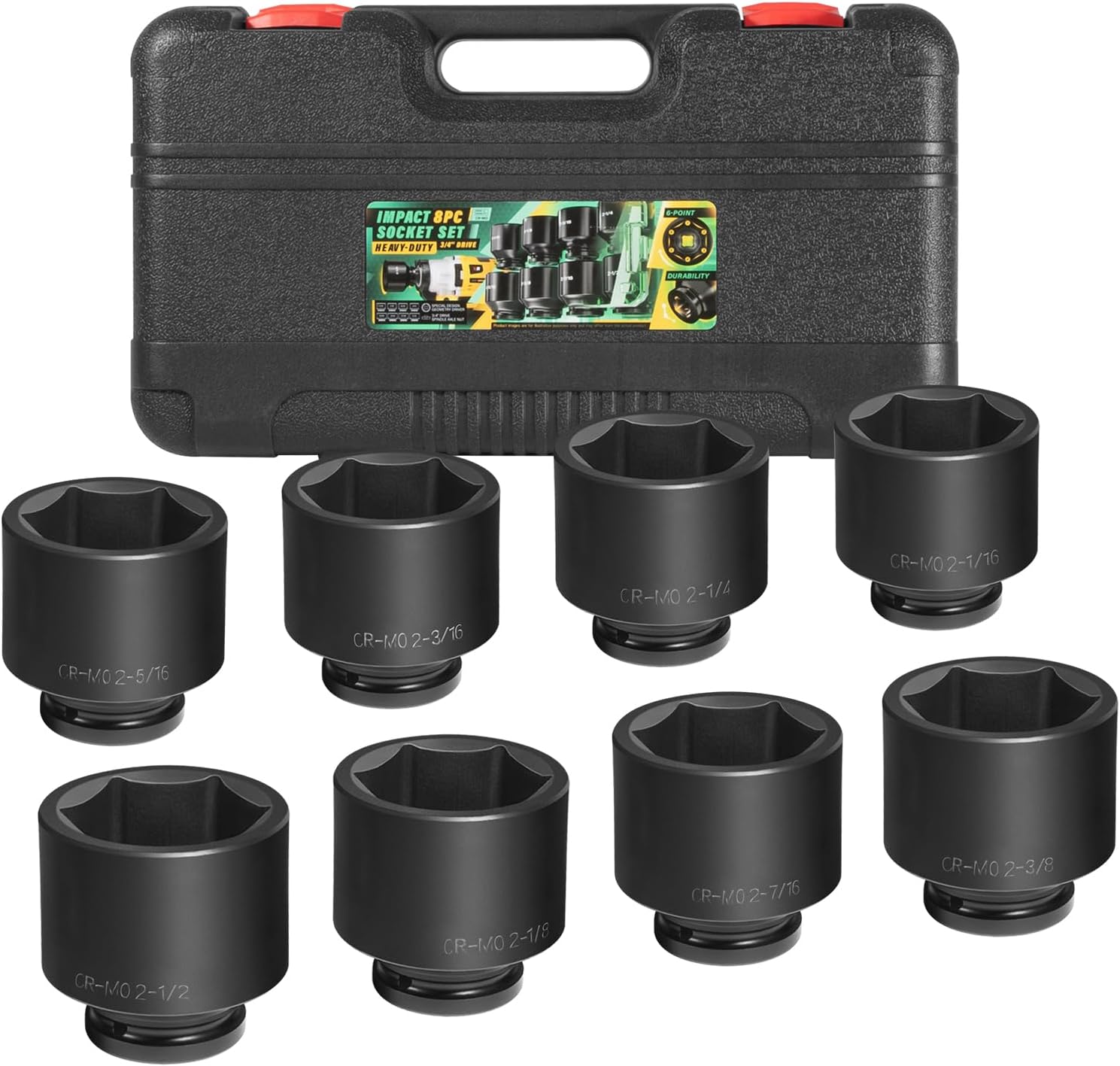 3/4" Drive Spindle Axle Nut Impact Socket Set, 6 Point Large Socket Set, CR-MO, 2-1/16" to 2-1/2", Heavy Duty Impact Socket Set Use In Removing And Installing Axle Nuts