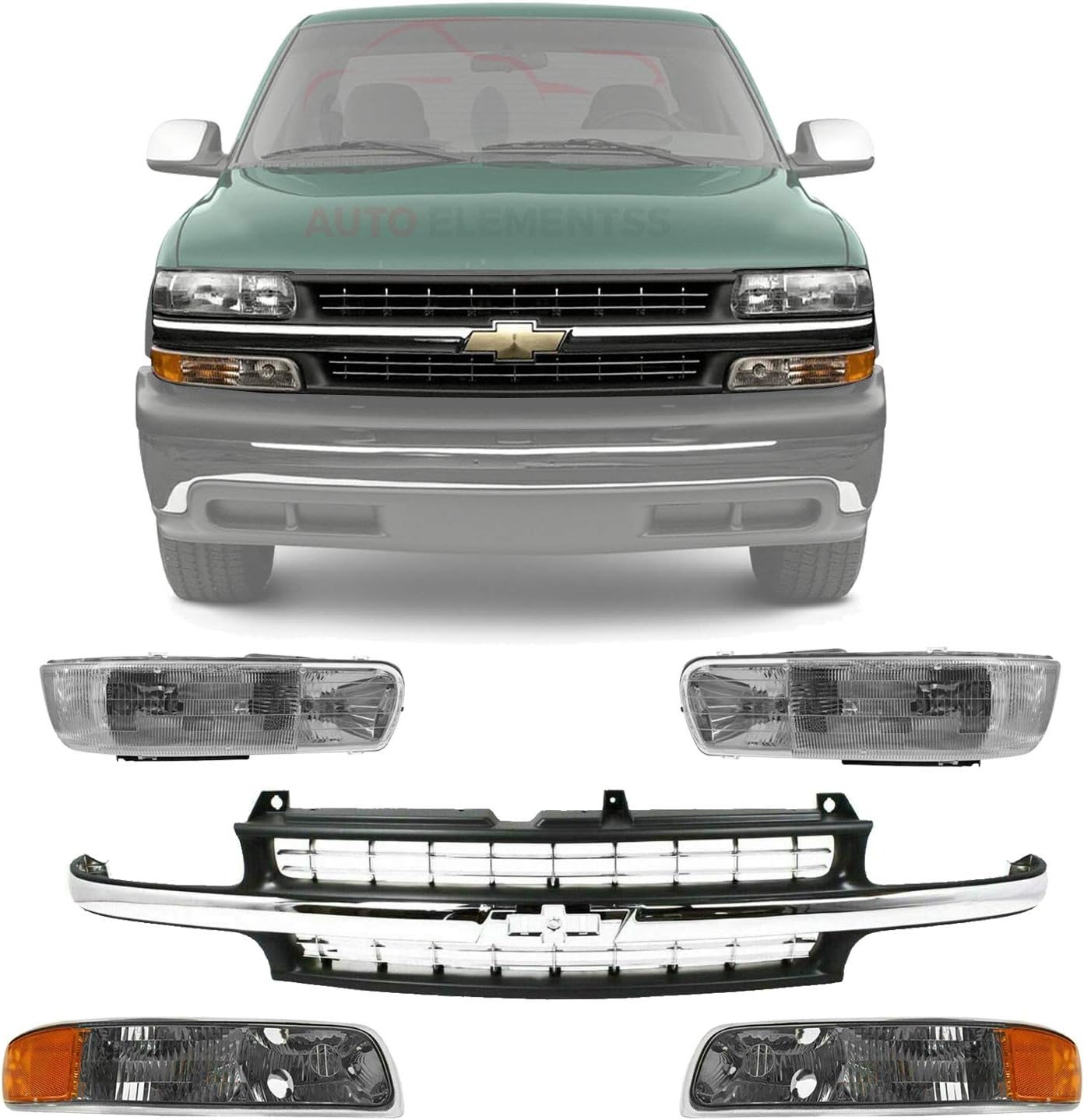 Grille Assembly Chrome Center Bar + Headlights Halogen + Signal Lights For 1999-2002 Chevrolet Silverado 1500/2000-2006 Suburban Tahoe OE Direct Replacement