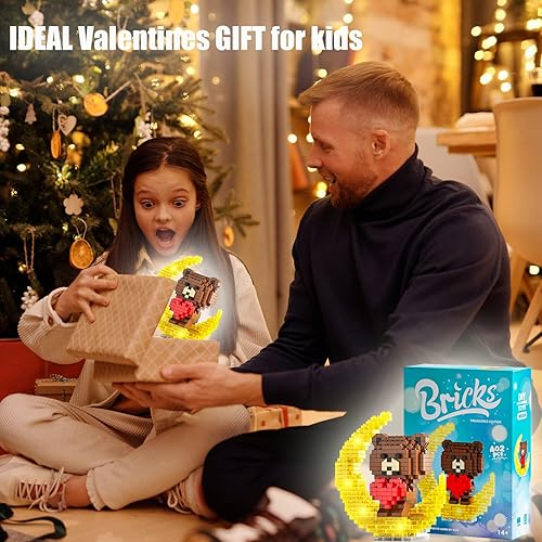 Miniatura 2 de FEENEEX Kit de construcción de oso de peluche de San Valentín, juego de bloques de construcción de corazón y luna de San Valentín, regalos de