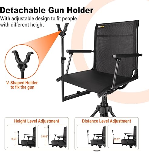 Miniatura 4 de Kalkal Silla de caza con soporte de tiro, silla giratoria silenciosa de 360 grados, silla ciega de caza, 4 patas de altura ajustable, asientos de