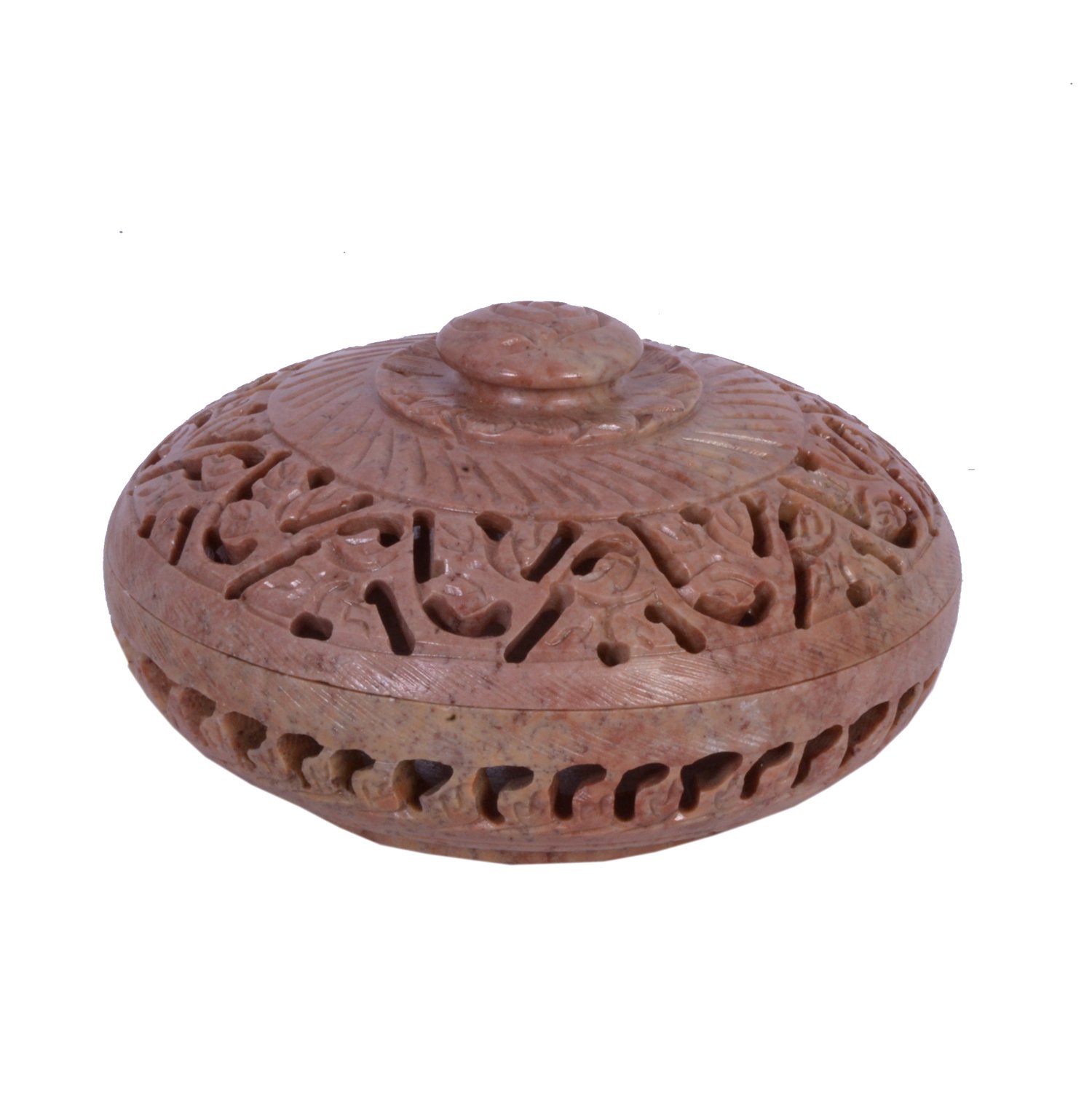 Soap Stone Carved Round Jwellery Box (10cm X10cm X6cm)-image-16