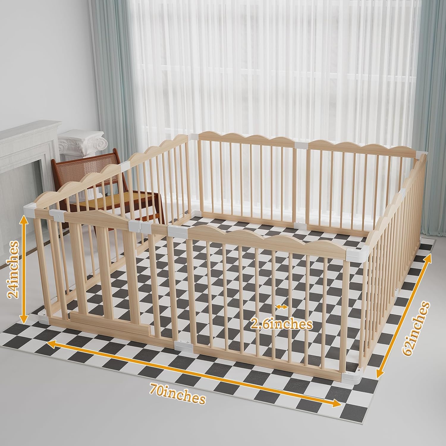 KOCINI Baby Playpen, Wooden Playpen for Babies and Toddlers, Large Adjustable Baby Playpen with Locking Gate, Easy to Assemble, Multiple Shapes,Kids Activity Center(62x70x24 Inch)