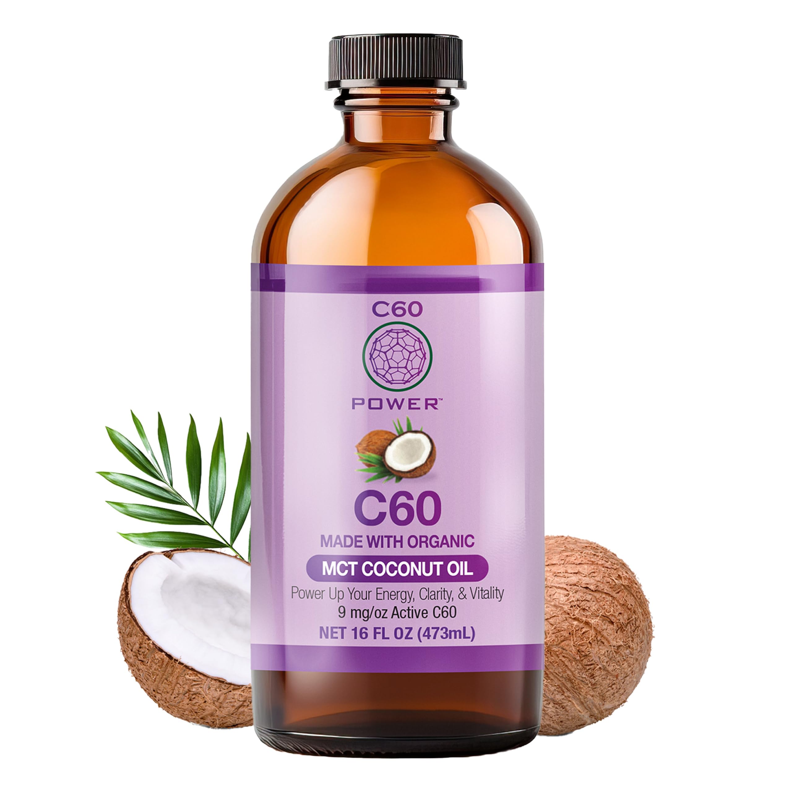 C60 Purple Power Organic MCT Coconut Oil, Organic Cold-Pressed Coconut Oil, 99.99% Pure C60 Carbon Fullerenes (16 oz)