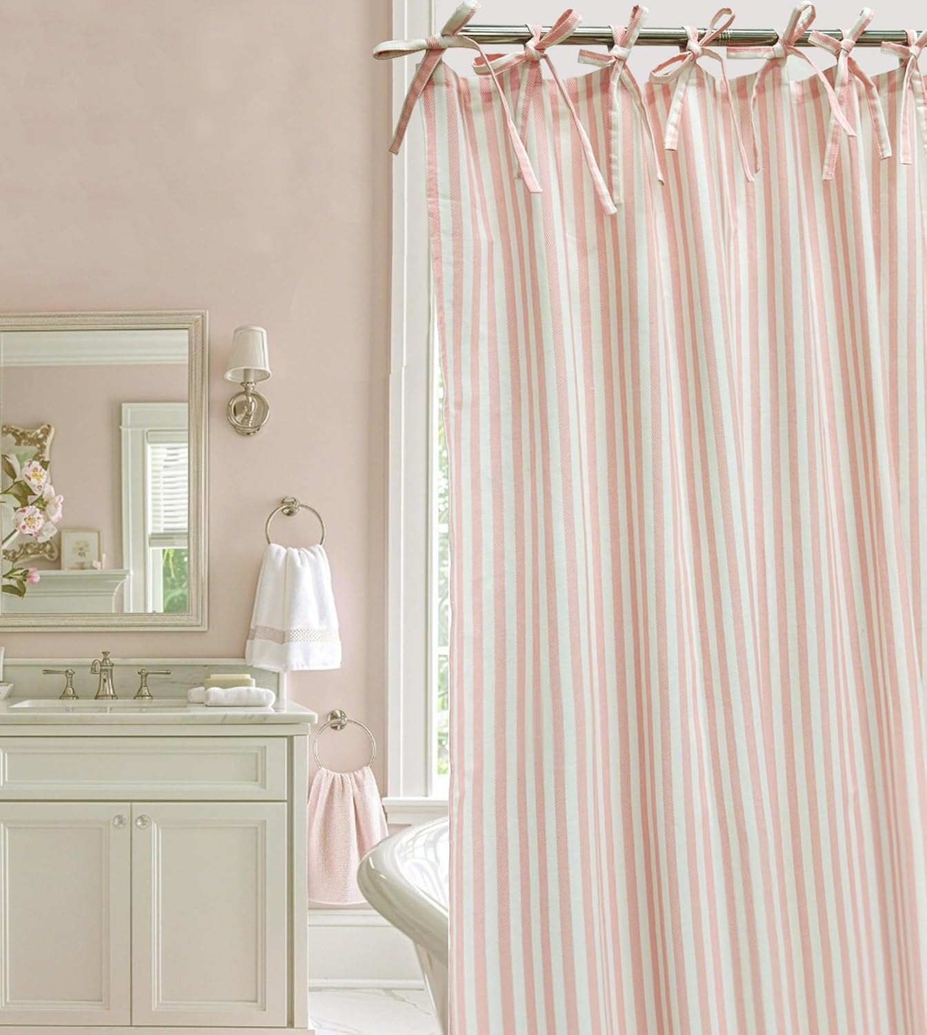 Pink Striped Shower Curtain Hookless Cotton Blend Washable for Bathrooms Bedrooms Classrooms Offices and More Standard 72X72 Inches