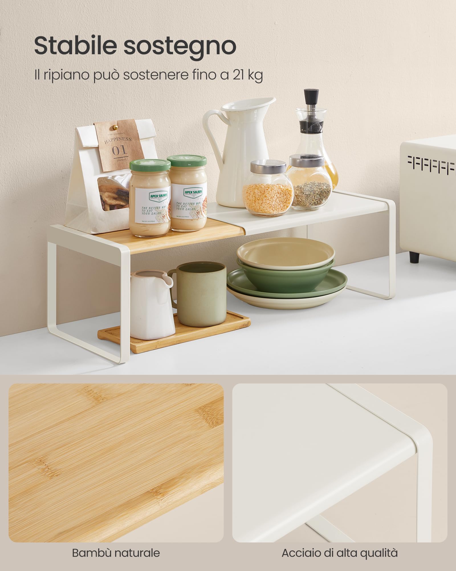 SONGMICS HOME Set di 2 Scaffali Portaspezie, Estensibili, Organizzatore da Cucina, Scaffale da Cucina, Impilabile, Organizzatore da Tavolo, Scarpiera, Beige Naturale e Bianco Crema KCS051N01