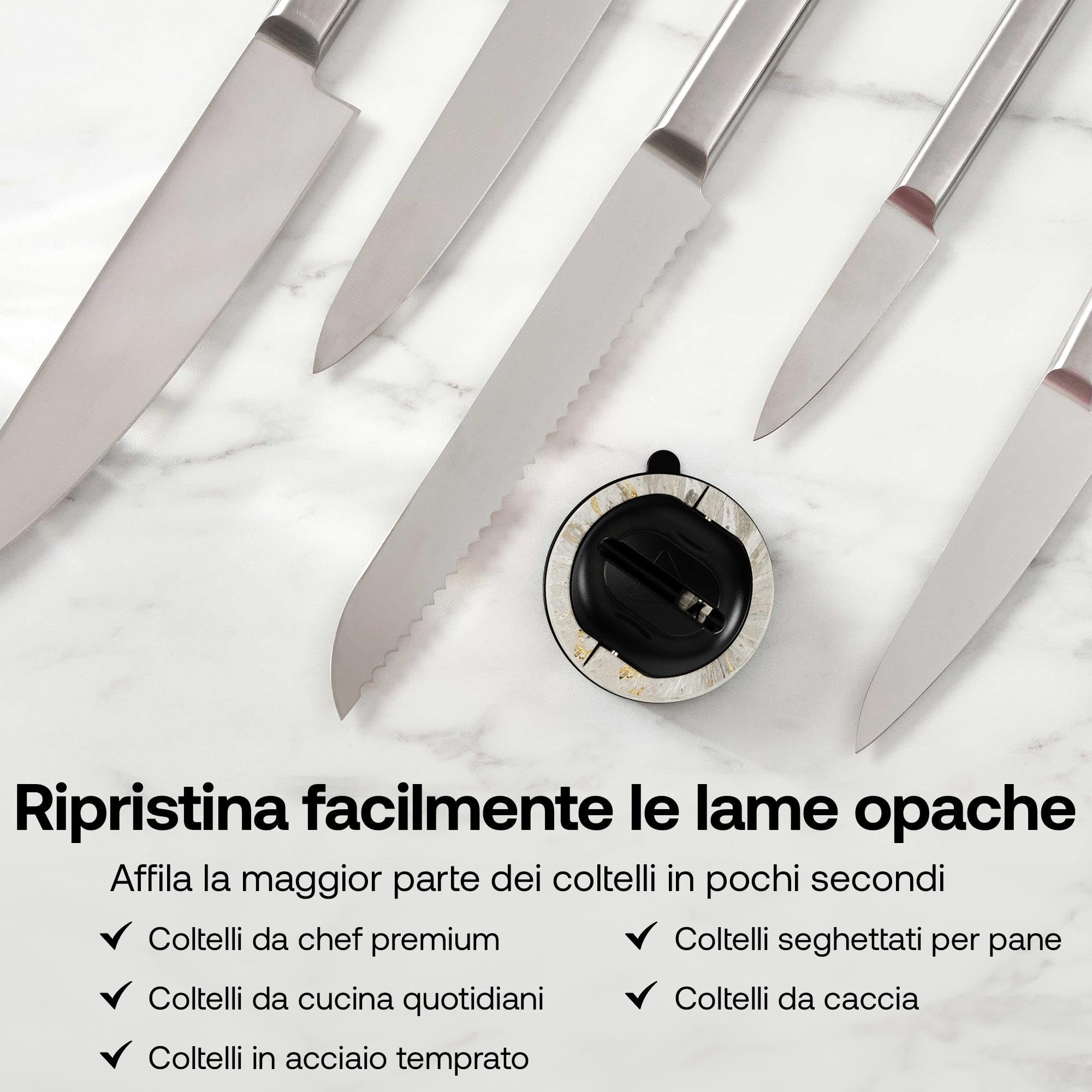 AnySharp Evo Affilacoltelli, Sicurezza Mani Libere, Potente Suzione PowerGrip, Affila Sicuramente Tutti i Coltelli da Cucina, Ideale per Acciaio Temperato e Dentati, Il Migliore del Mondo, Pietra