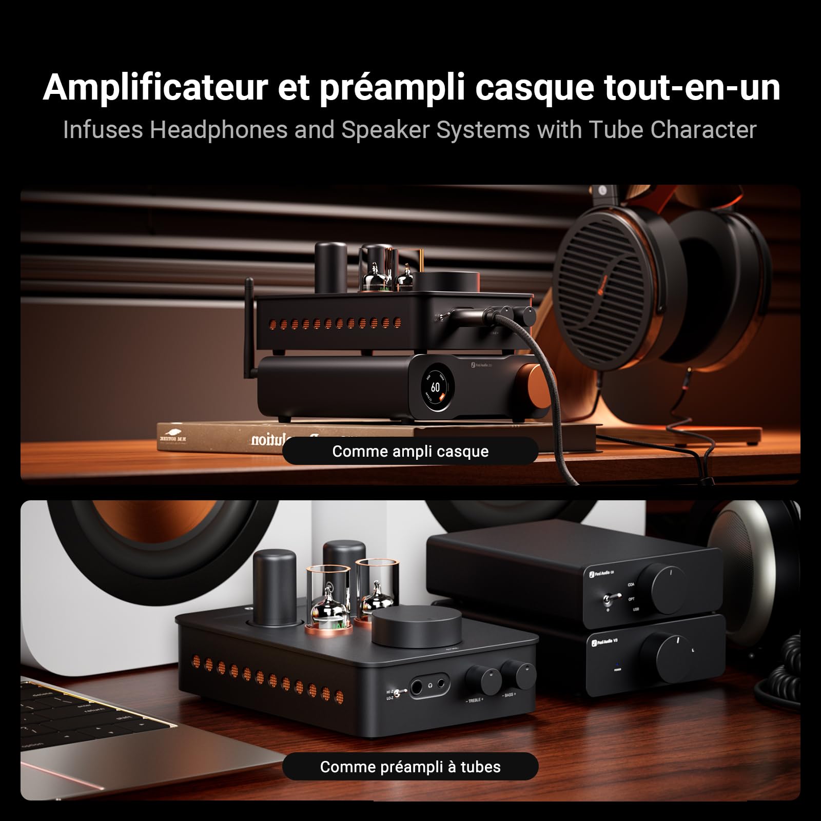 Fosi Audio GR70 Préampli Casque à Lampes, Amplificateur à Lampes Authentique avec Vide 5654W x 2 et 6AC7 x 2, Mini Préamplificateur HiFi pour Audio Domestique, Impédance de 16 à 300 ohms