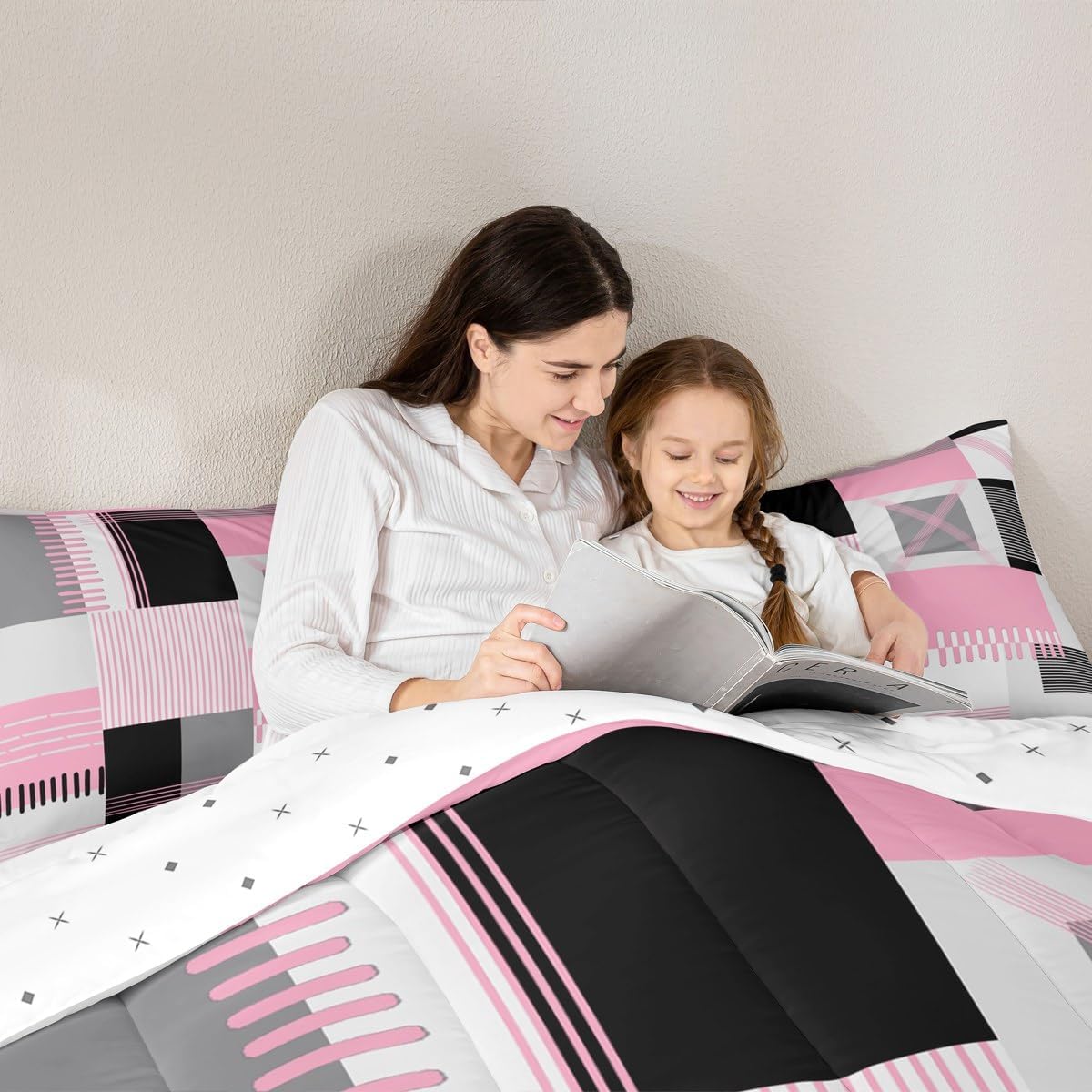 Feelyou Pink Geometric Duvet Quilt Queen Size Bedding Set for Kids Stripe Line Comforter Set Women Men Ultra Soft Modern Art Room Decor All Season Breathable Lightweight