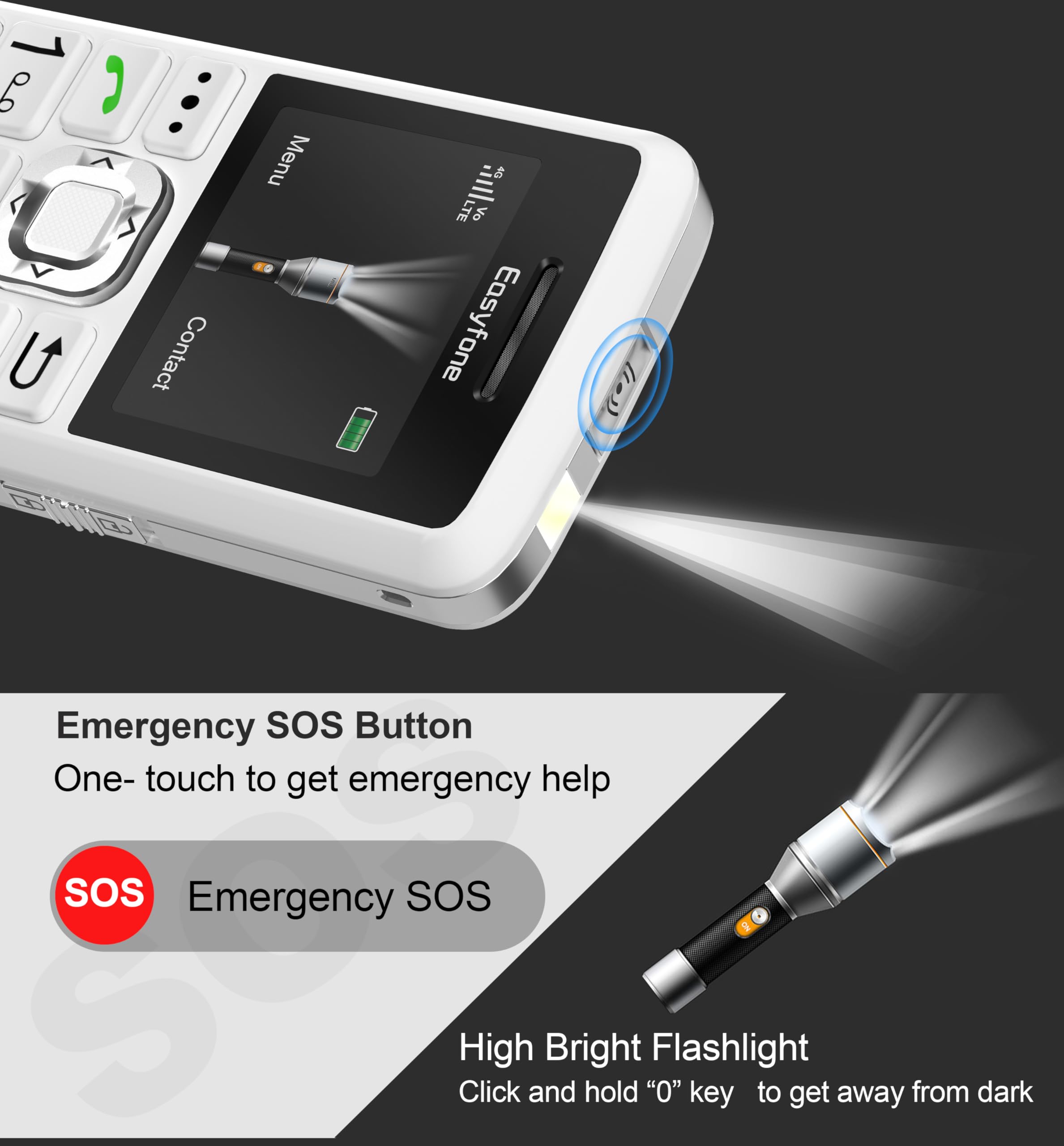 Easyfone T200 4G Mobiltelefon Tastenhandy ohne Vertrag für Senioren und Kinder mit Taschenlampe - FM-Radio - Bluetooth - SOS - Telefon mit großen Tasten (Weiß) | Einfache Bedienung