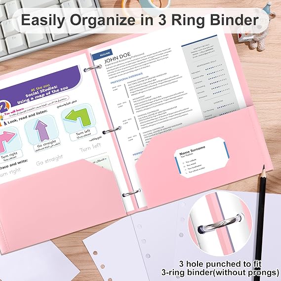 Timart Folders with Pockets 3 Hole Punched-6 Pack, 2 Pocket Heavy Duty Plastic Pocket Folders for 3 Ring Binder, Fit Letter Size File Folder for School Office (Pastel)