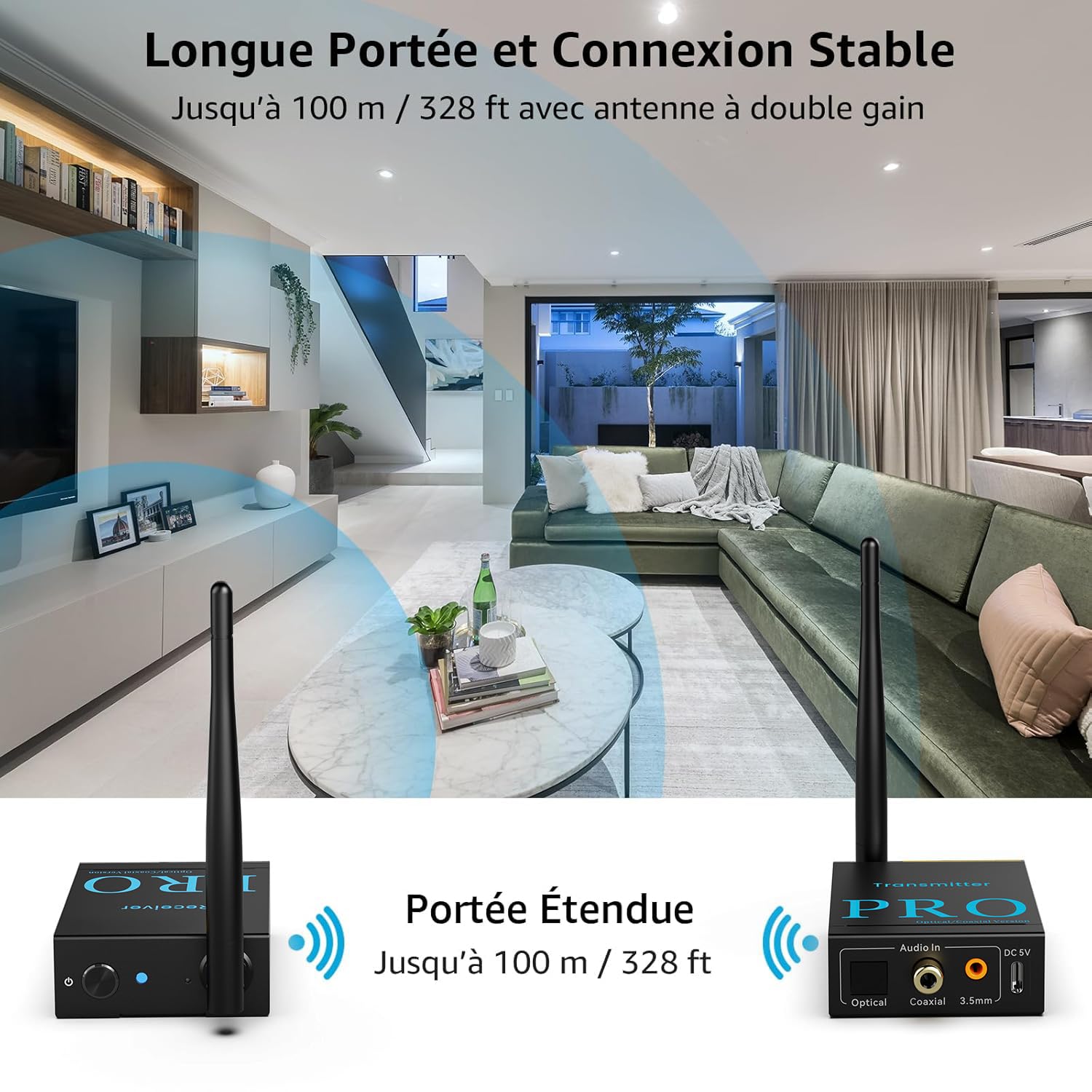 1Mii (1 TX + 1 RX) Émetteur Récepteur Audio Sans Fil, Transmission 2,4 GHz | Faible Latence, Son HiFi pour TV/PC vers Enceintes Actives/Amplificateurs/Récepteurs AV, Optique/Coaxiale/Jack 3,5 mm/RCA