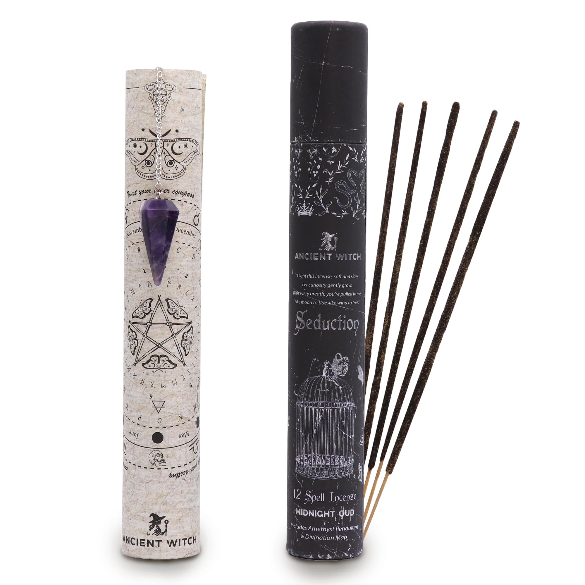 Ancient Wisdom Purple Ancient Witch Spell Incense, 4-Pack, Bamboo Sticks, Natural Ingredients, Seduction Scent, Amethyst Pendulum, 27Cm