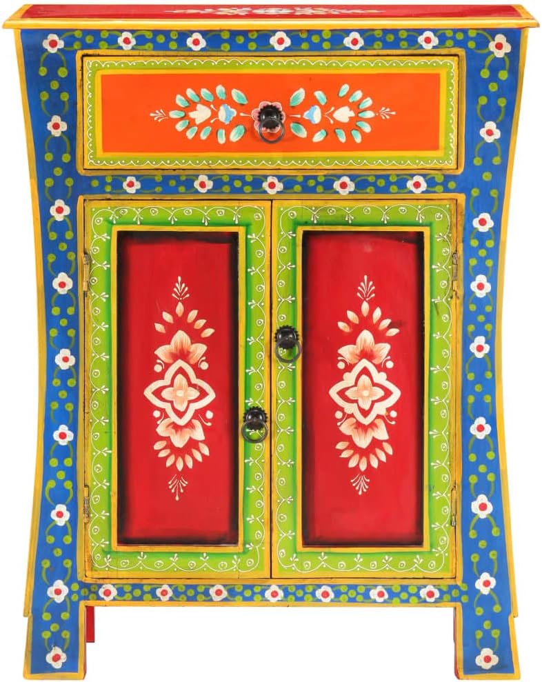 Hand Painted Mango Wood Sideboard Cabinet 23.6x11.8x29.5 Inches Solid Wood Storage with Doors and Drawer