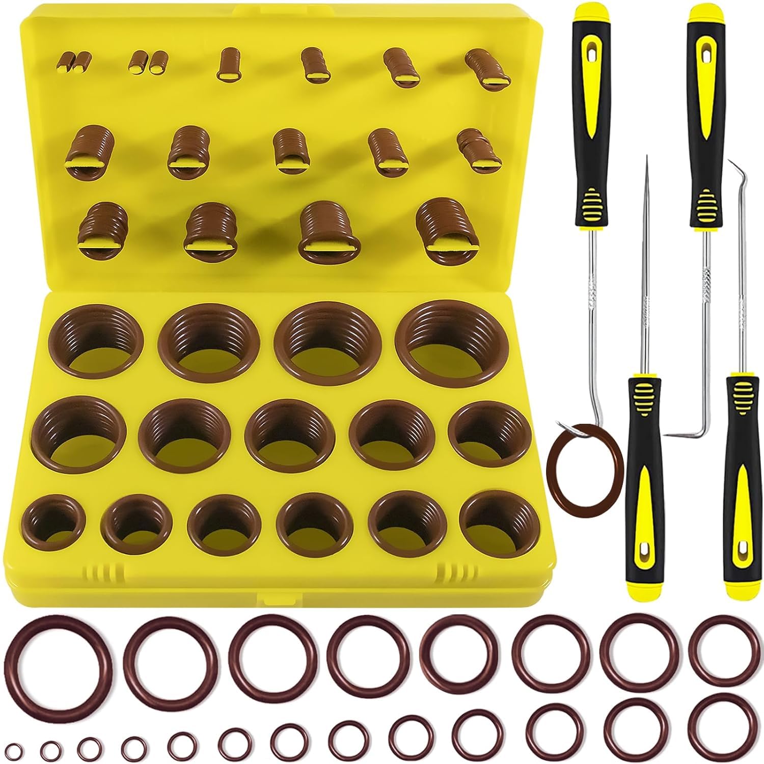 XBVV Zestaw 382 szt. 30 rozmiarów SAE FKM Viton O-ring do różnych chemikaliów, lotnictwa, cylindrów, hydraulicznych, silników samochodowych i sanitarnych o-ringów z 4-częściowym zestawem picków