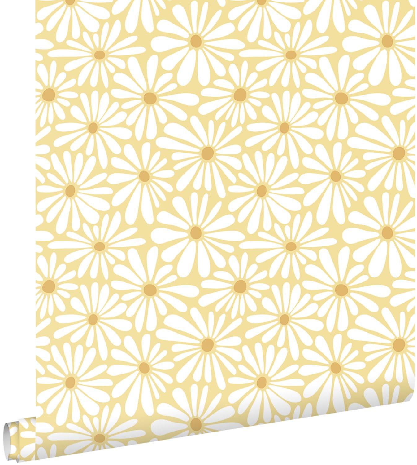 Papier peint marguerites jaune pastel revêtement mural floral intissé