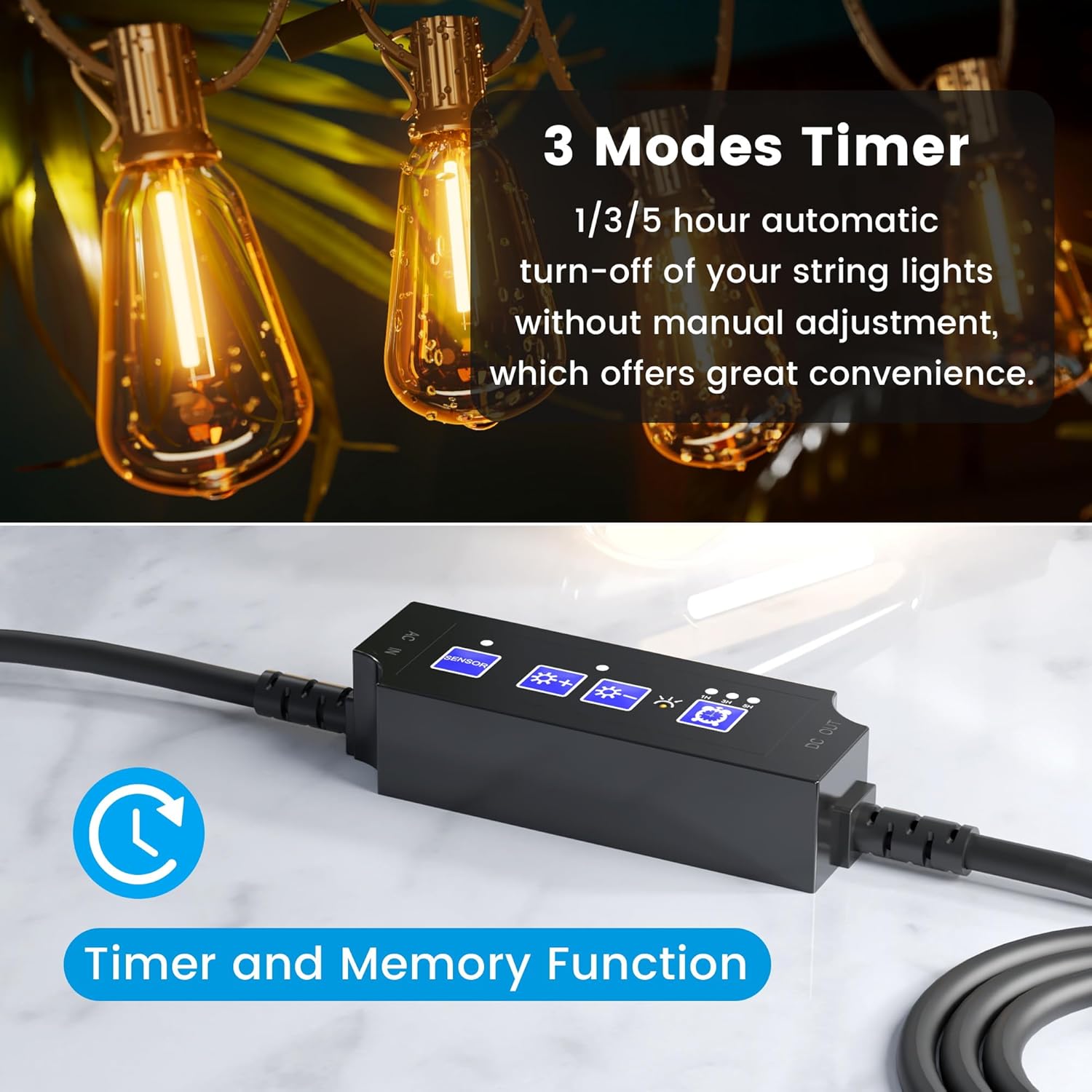 OHLUX Outdoor Dimmer for String Lights, 360W Dusk to Dawn Smart Dimmer Plug with Timer, Weatherproof Light Dimmer Switch with Memory Function, Plug-in Dimmer for Outdoor String Lights Patio Lights