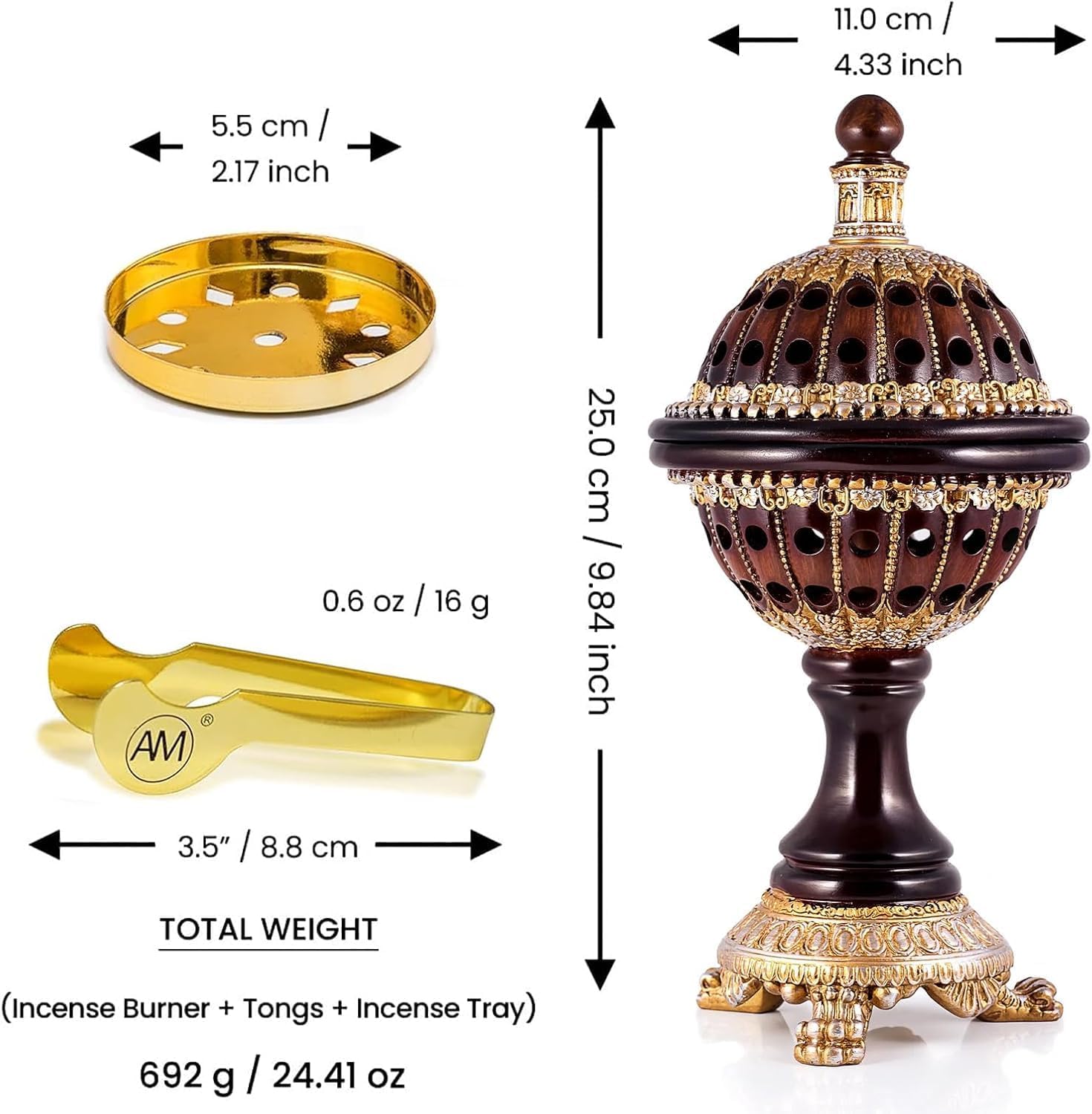 AM Lux Globe Incense Burner - Bakhoor Cone Holders | Insence bukhoor Burners| Frankincense Burner Charcoal | Mabkhara | for Office & Spiritual Décor (Globe Brown)