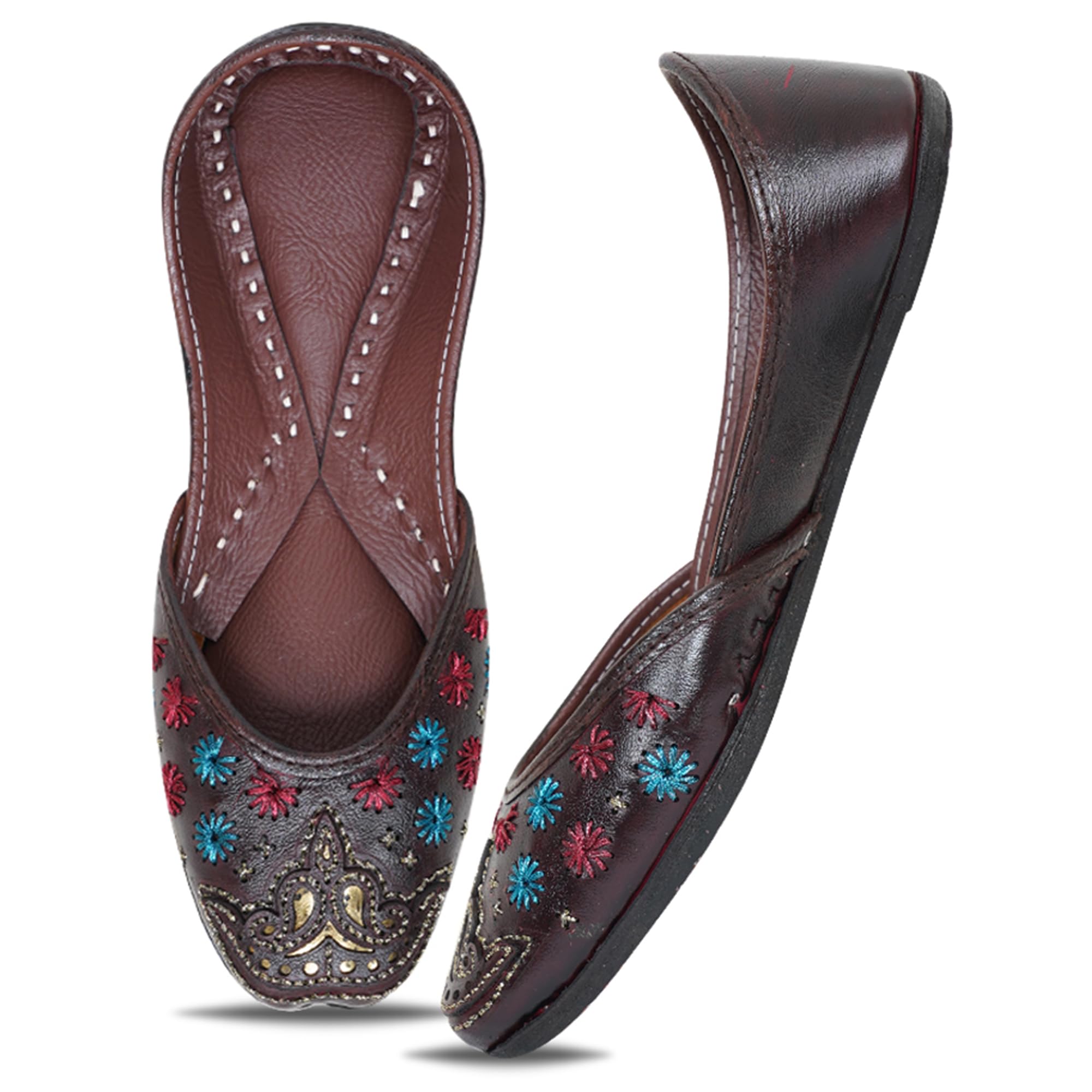 Traditional Hand Crafted Brown Leather Rajasthani Stylish Punjabi Ethnic Comfortable Sole Cushioned Fancy Ethnic Bellies Mojari Jutti for Women and Girls