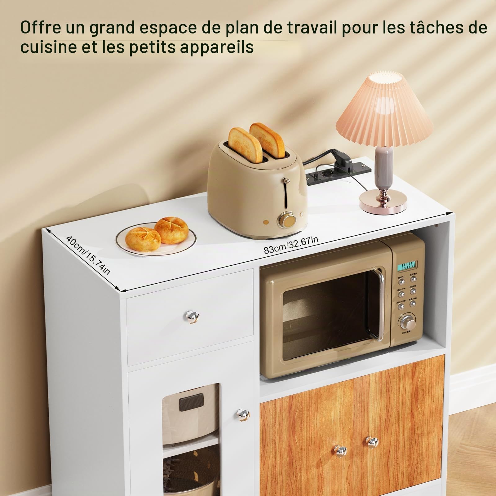 PIPIPOXER Buffet de Cuisine avec Étagère à Micro-Ondes, Portes et 1 Tiroir, avec 3 Portes, Meuble de Rangement, Étagères Réglables, Armoire de Rangement pour Salon,Cuisine,Salle à Manger, 80x40x83cm