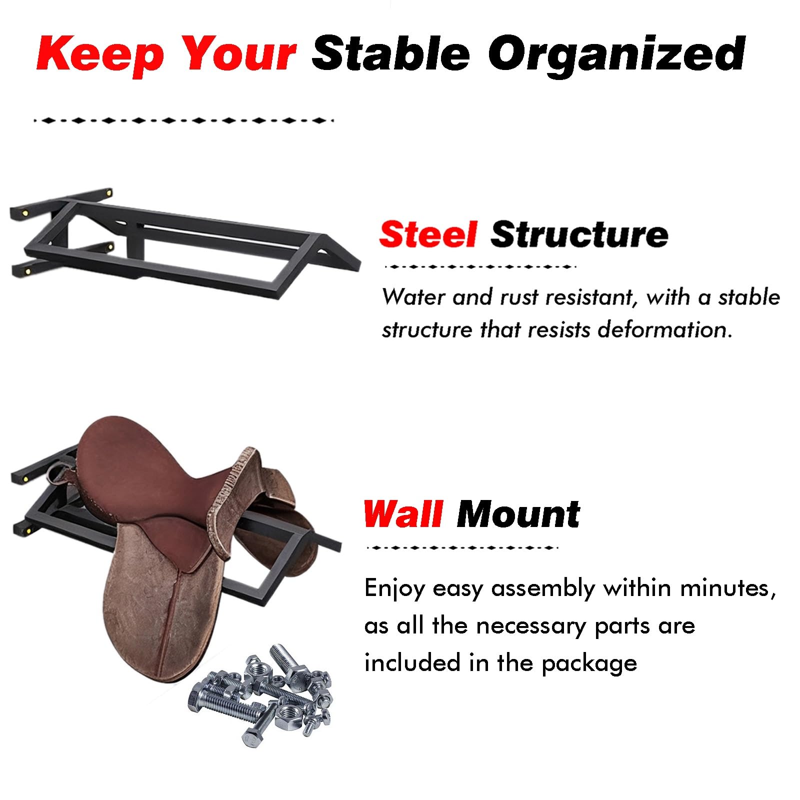 Soporte sillas de montar Soporte De Pared Para Sillas De Montar Inglesas Y Western, Estantes De Acero Para Mantas De Caballo Para Cuartos De Monturas/ Graneros/ Garajes, Negro(1 Pc)