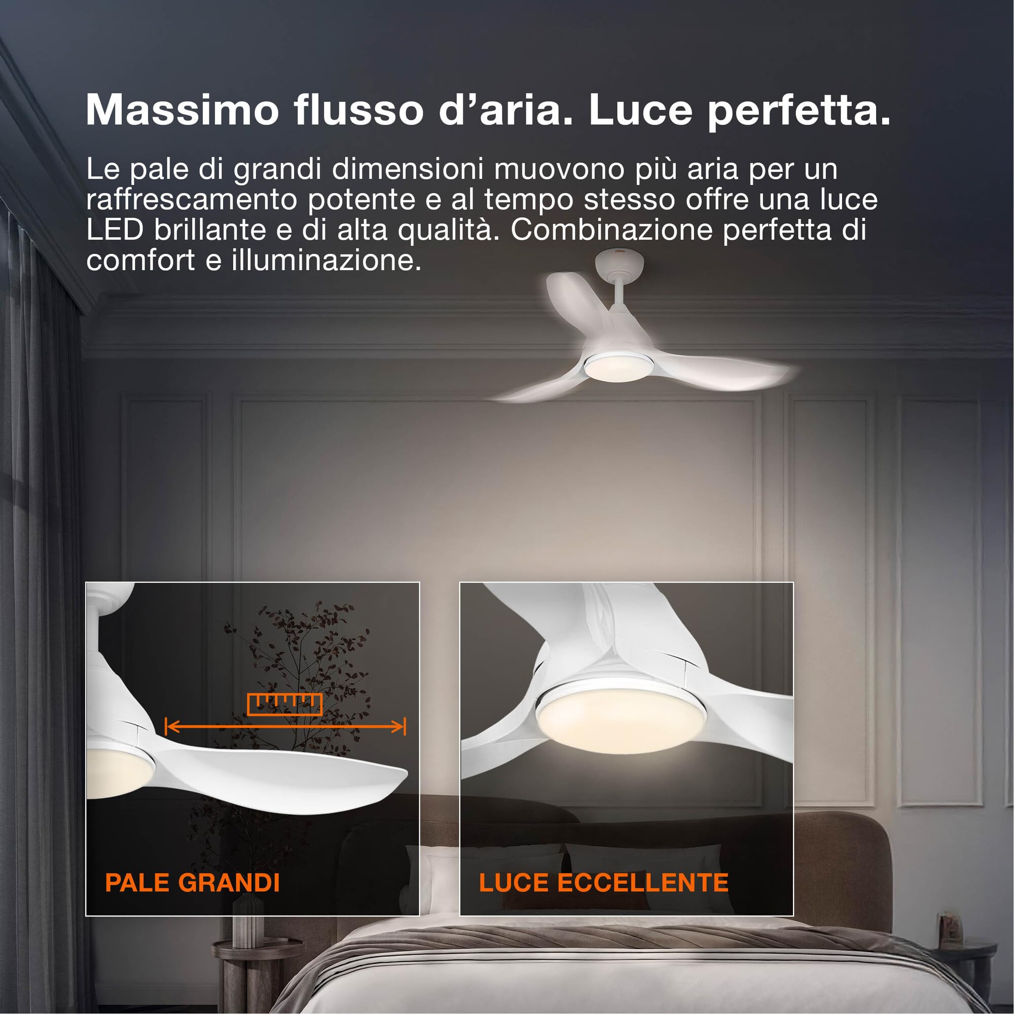 OSRAM Ventilatore da soffitto LED Leste, bianco, 21 W, 1.200 lm, 3000/4000/6500 K, 445 mm, angolo di emissione 110°, durata 20.000 h, IP20, dimmerabile, telecomando incluso