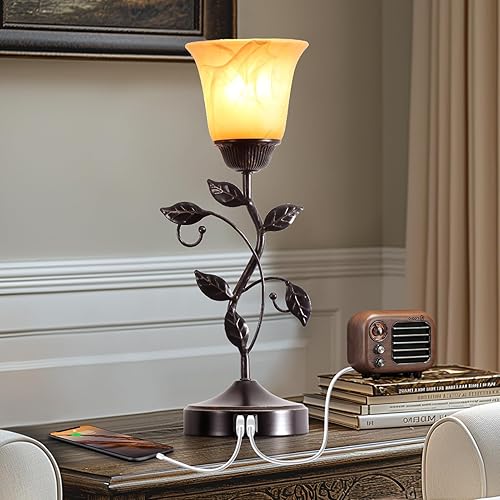 Miniatura 2 de RORIANO Juego de 2 lámparas de mesa vintage táctiles con 2 puertos USB, lámparas de mesa de noche regulables de 3 vías, lámpara de hojas rústicas
