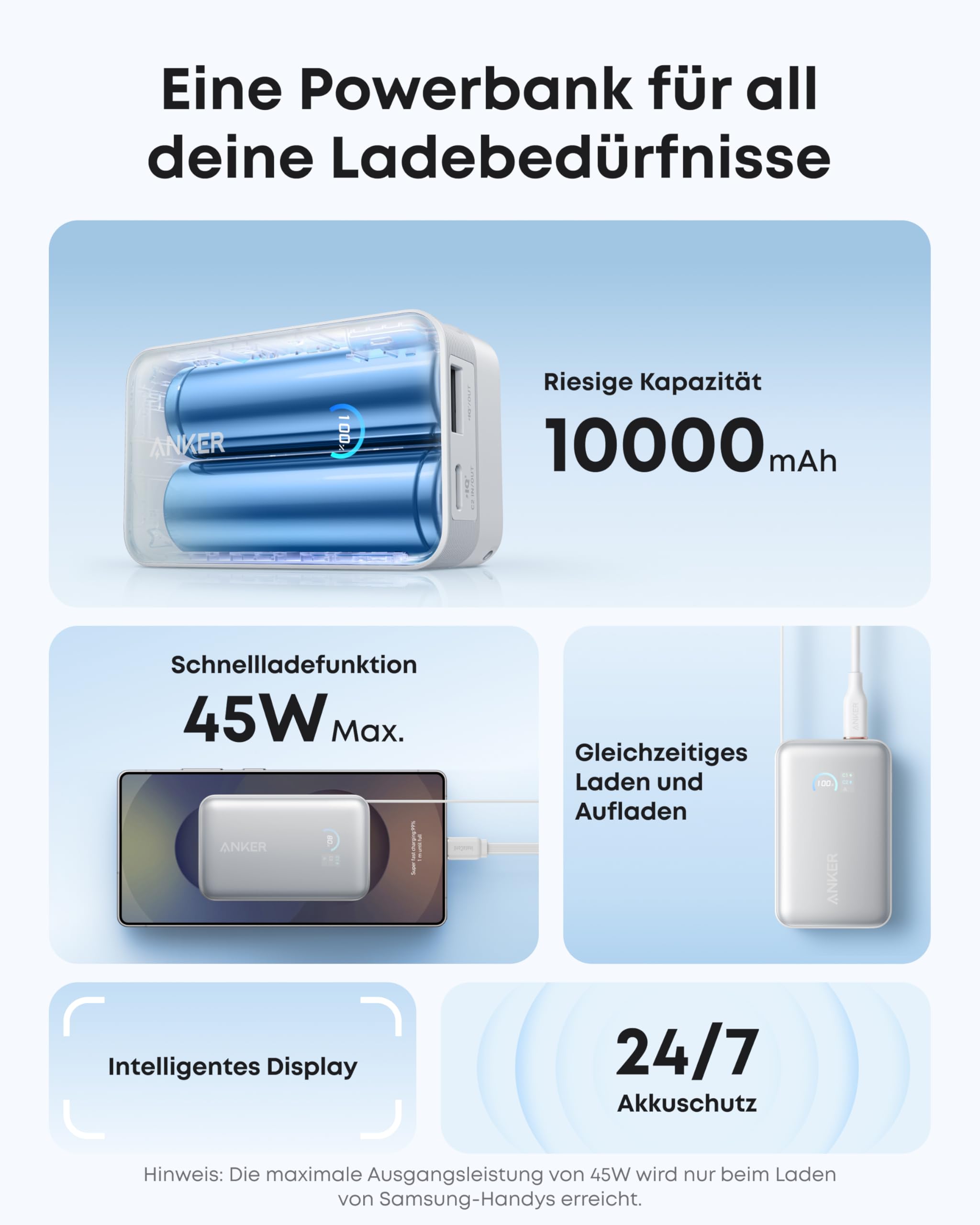 Anker Smart Ladegerät (45W USB C, mit Display) & Anker Powerbank (10.000mAh, 45W mit 70cm InstaCord Einzugskabel)