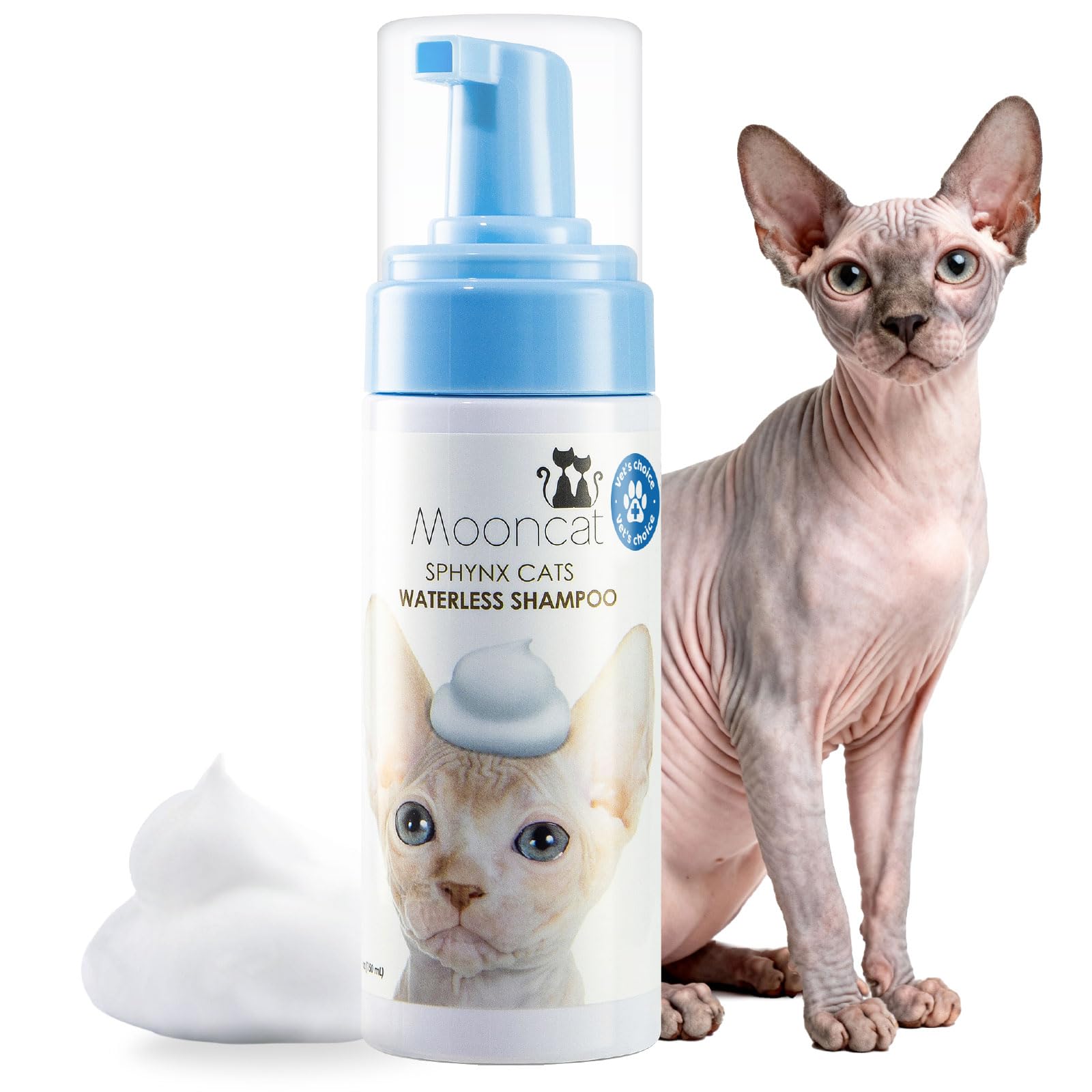 Mooncat Sphynx Cat Waterless Shampoo, Vet Approved No-Rinse Foam for Oily, Sensitive Skin & Wrinkles - Gentle, Hypoallergenic Formula for Hairless Cats, Deep Cleans & Moisturizes