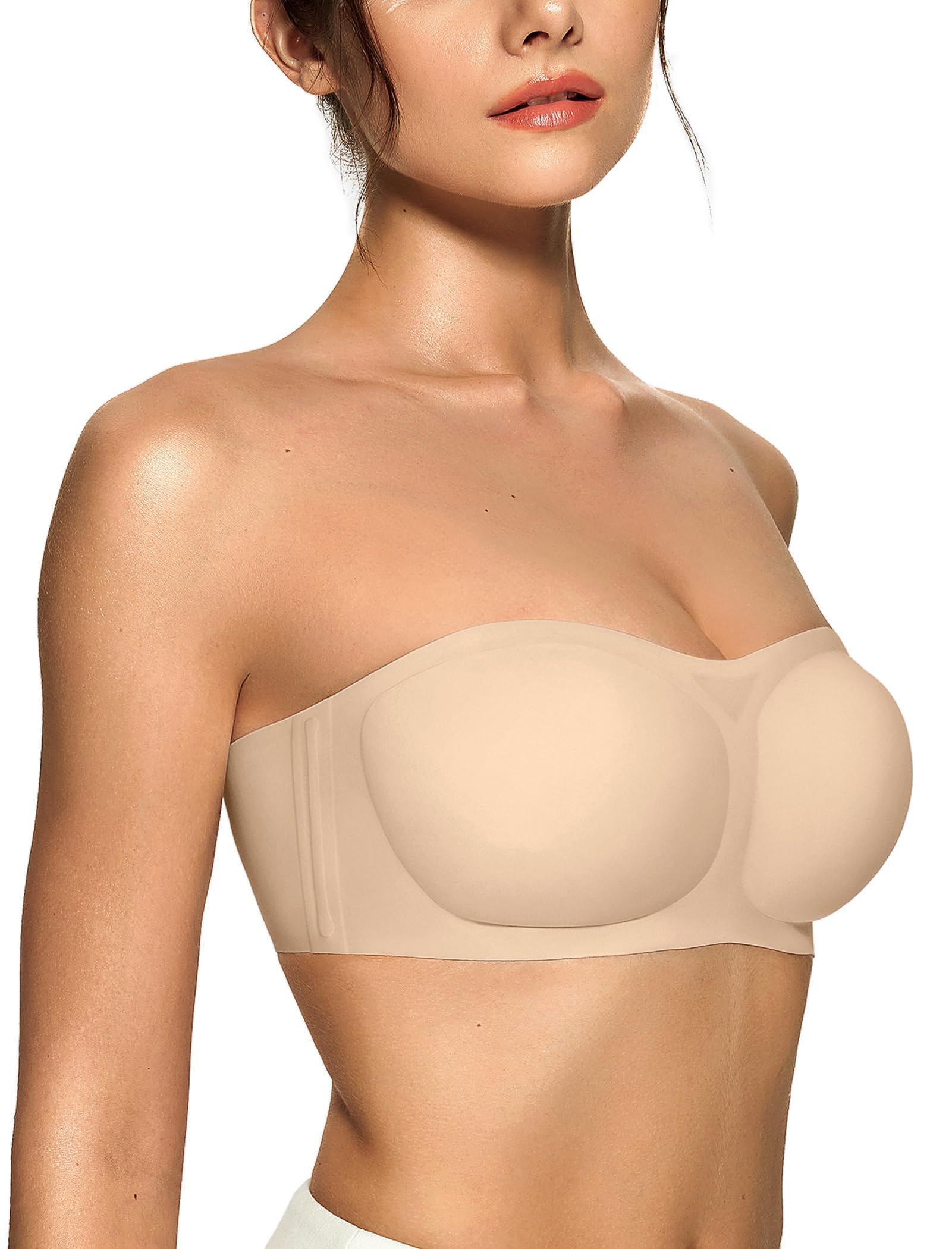 OEAK Womens Strapless Bras Jelly Push Up Bandeau Bra Non Slip Wireless Supportive Padded Bras Seamless Comfortable Tube Bra Medium Beige