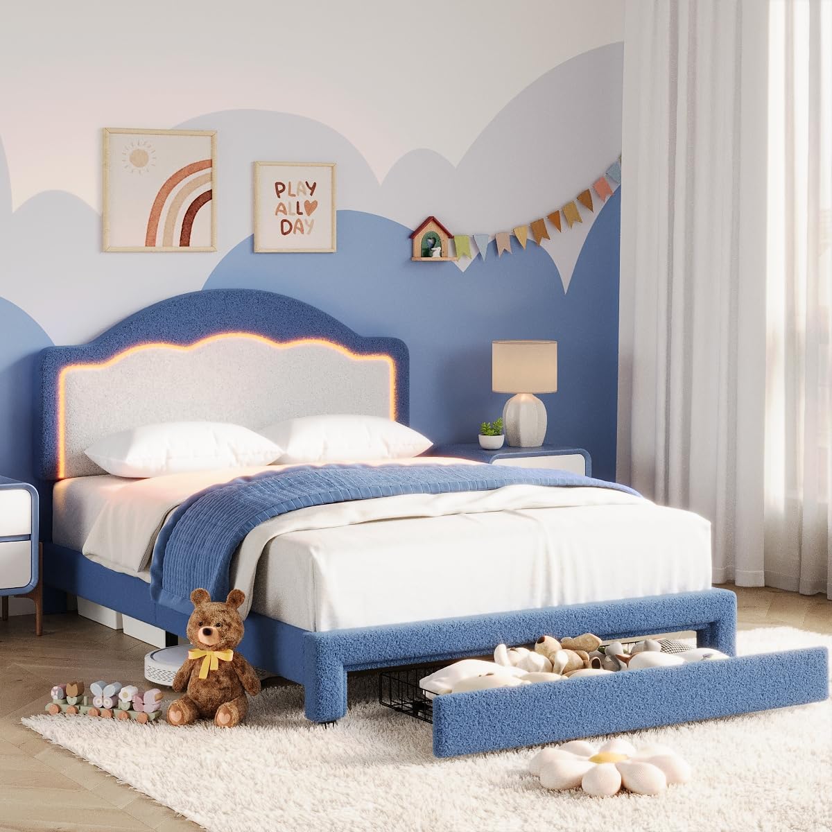 GarveeHome Twin Size Bed Frame with LED Headboard for Kids, Sherpa Upholstered Platform Bed Frame with Storage Drawer and Wood Slat Support, No Box Spring Required, Easy to Assemble (Blue, Twin)